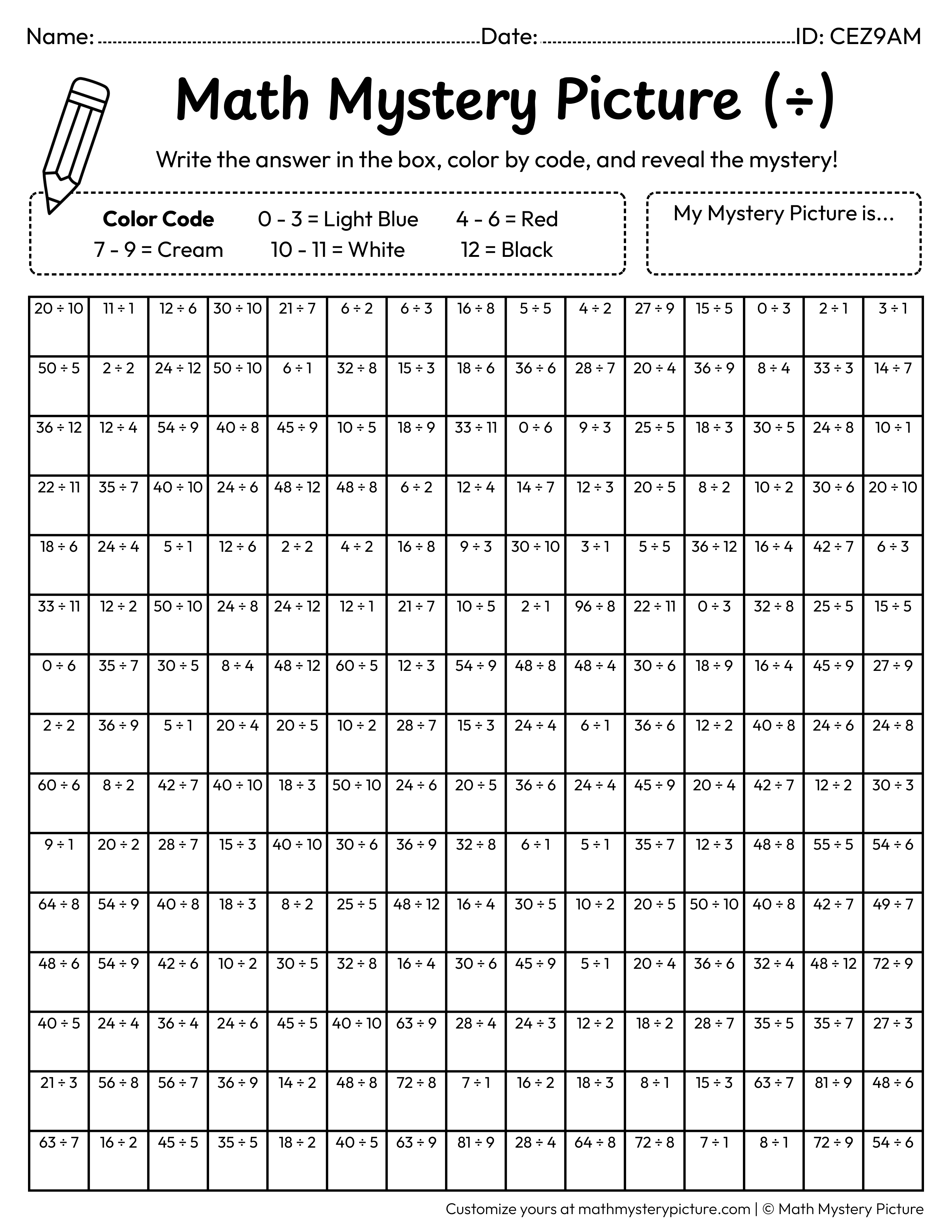 Crab Division Facts Math Mystery Picture Coloring Worksheet