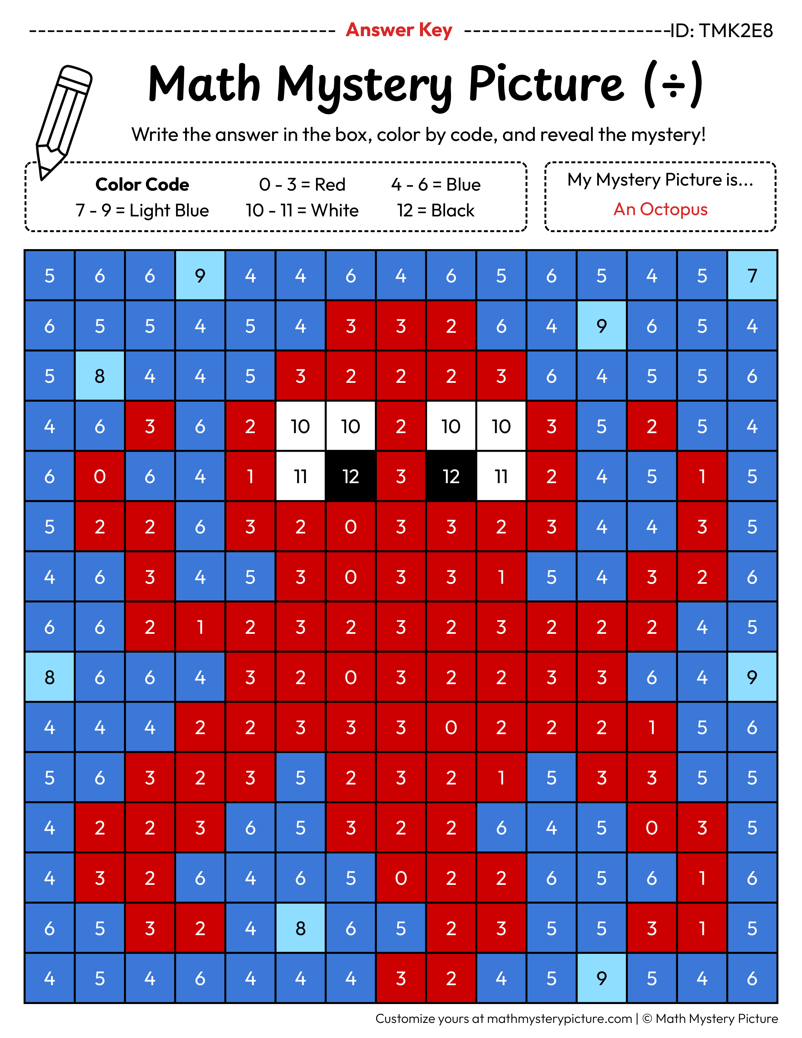 Octopus Division Facts Math Mystery Picture Color by Number Answer Key