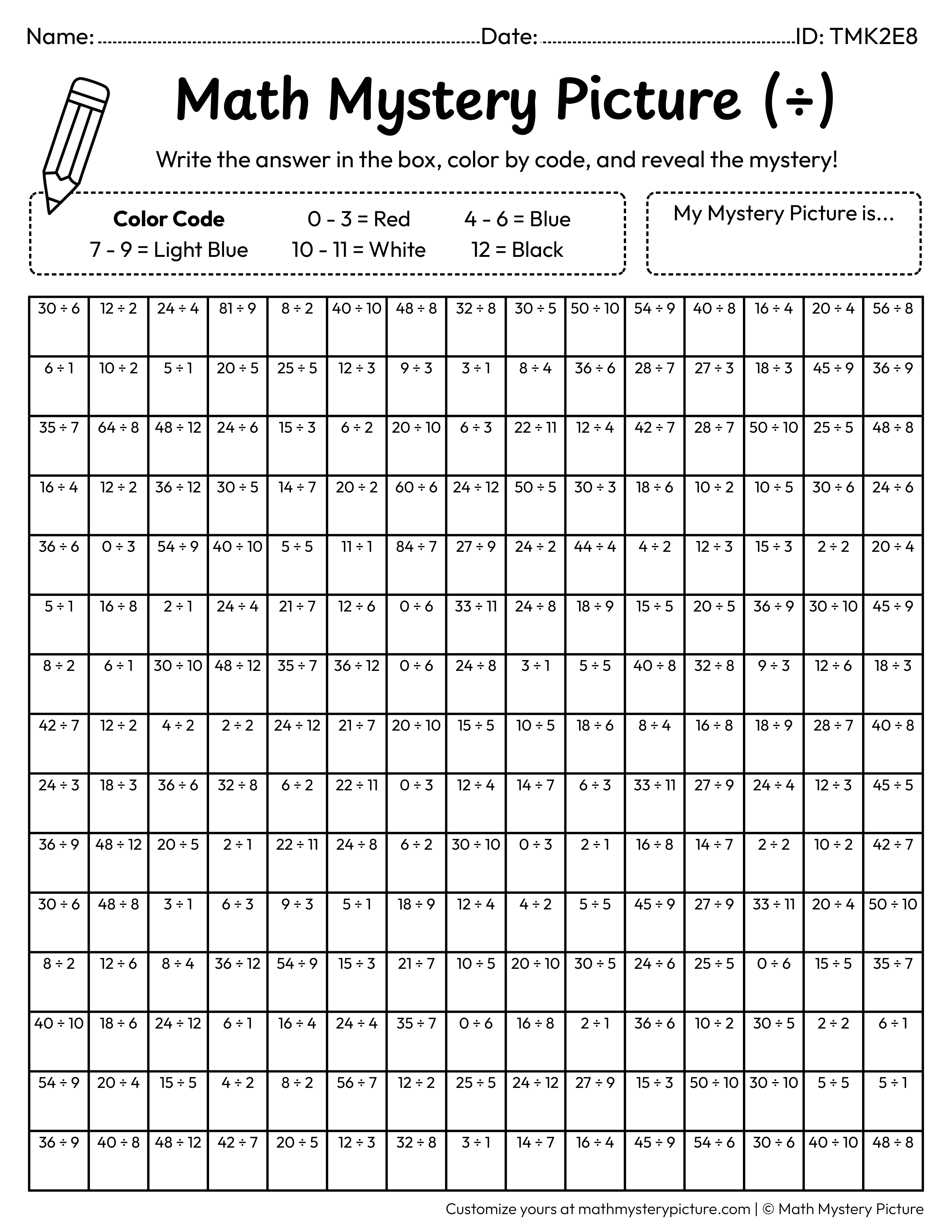 Octopus Division Facts Math Mystery Picture Coloring Worksheet