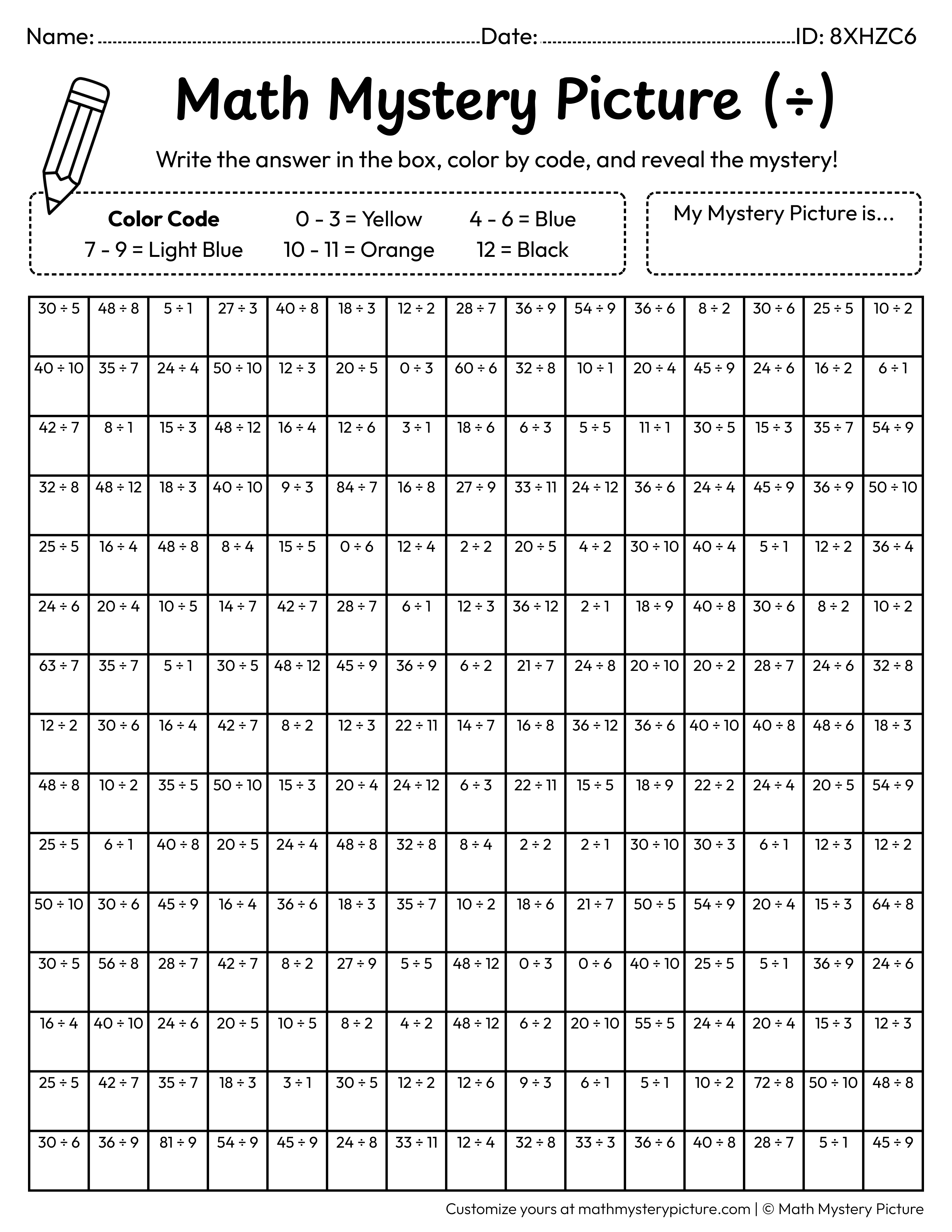 Seahorse Division Facts Math Mystery Picture Coloring Worksheet