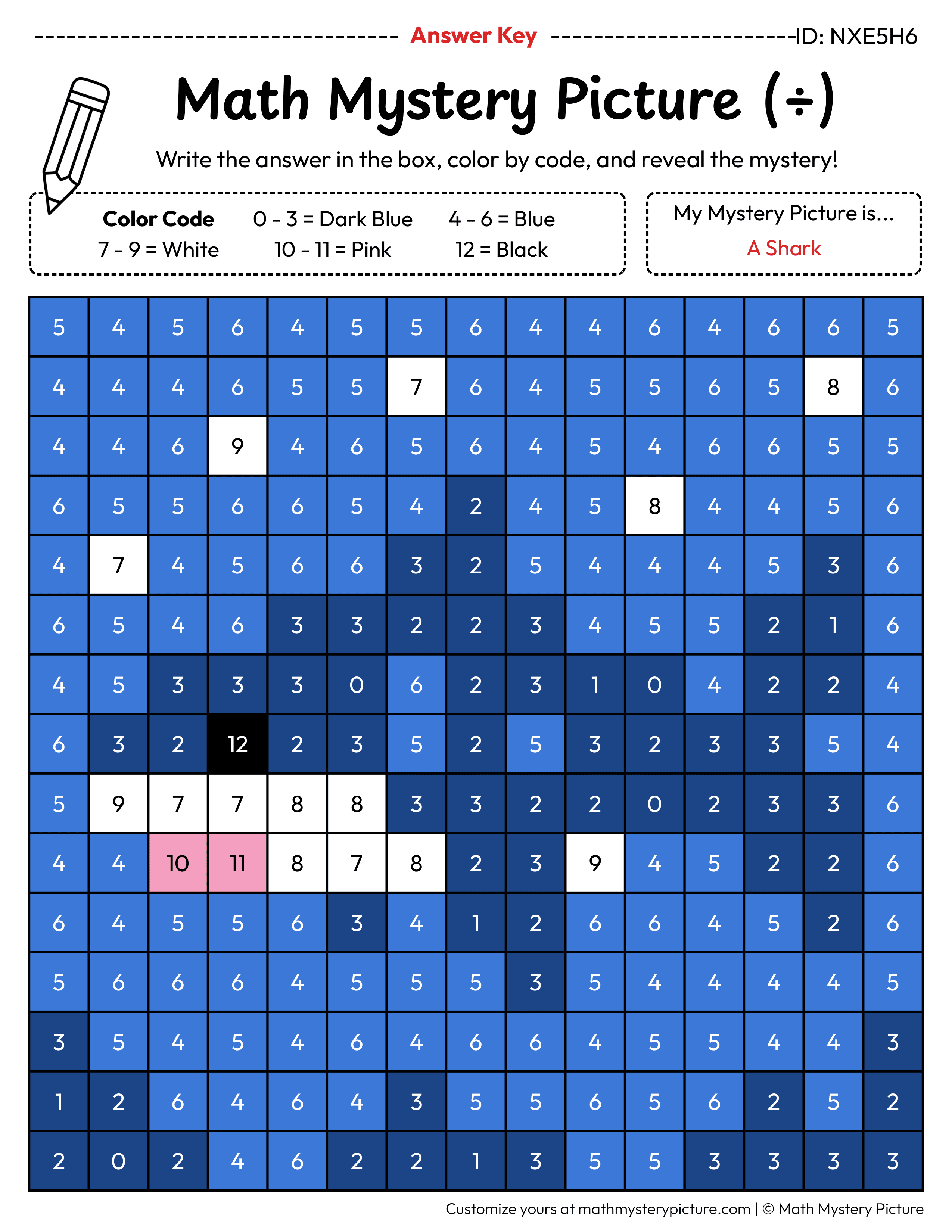 Shark Division Facts Math Mystery Picture Color by Number Answer Key
