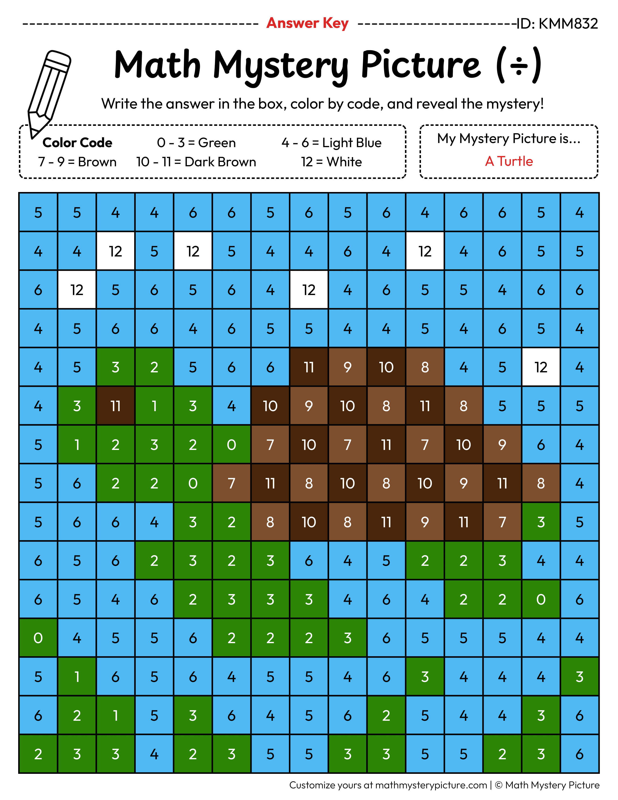 Turtle Division Facts Math Mystery Picture Color by Number Answer Key