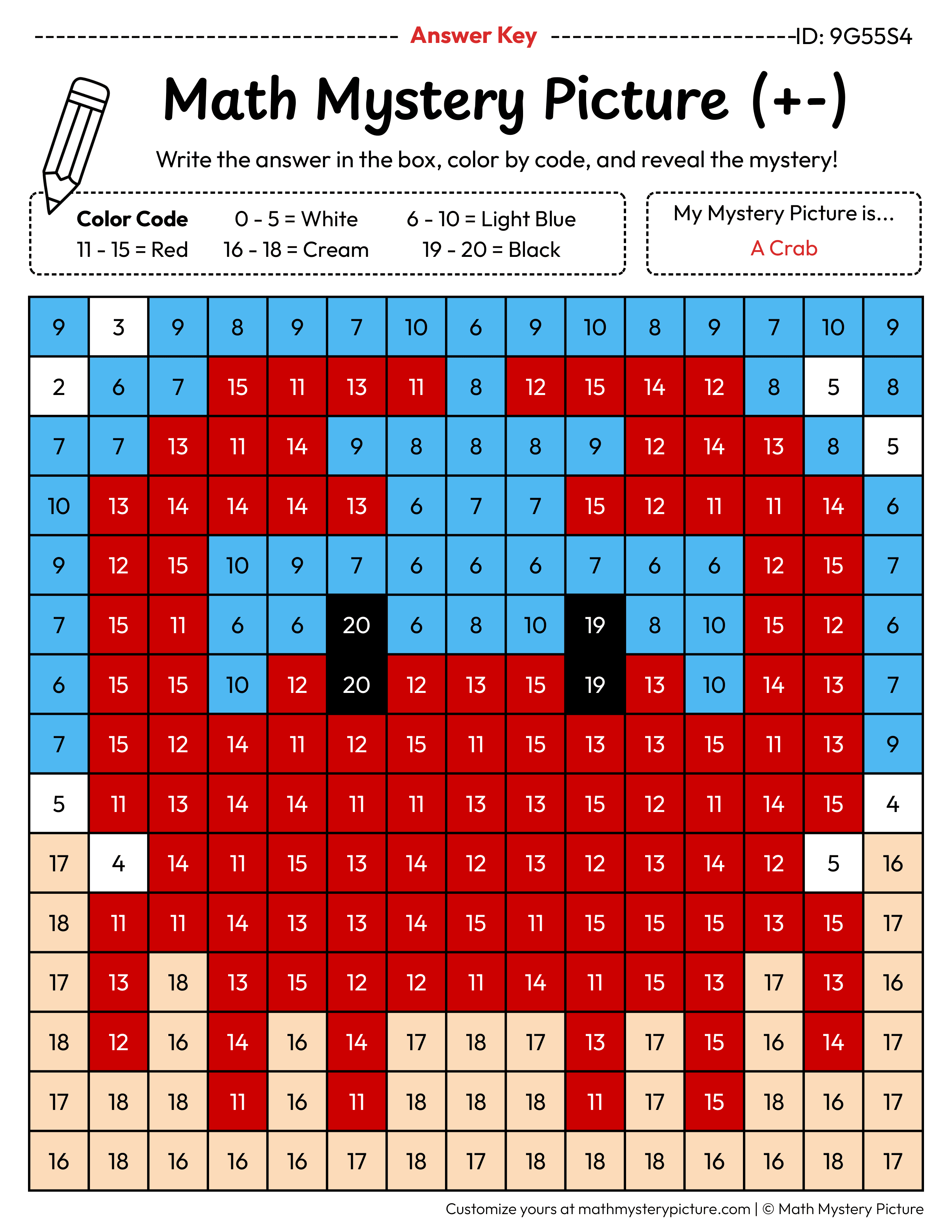 Crab Mixed Addition and Subtraction Within 20 Math Mystery Picture Color by Number Answer Key