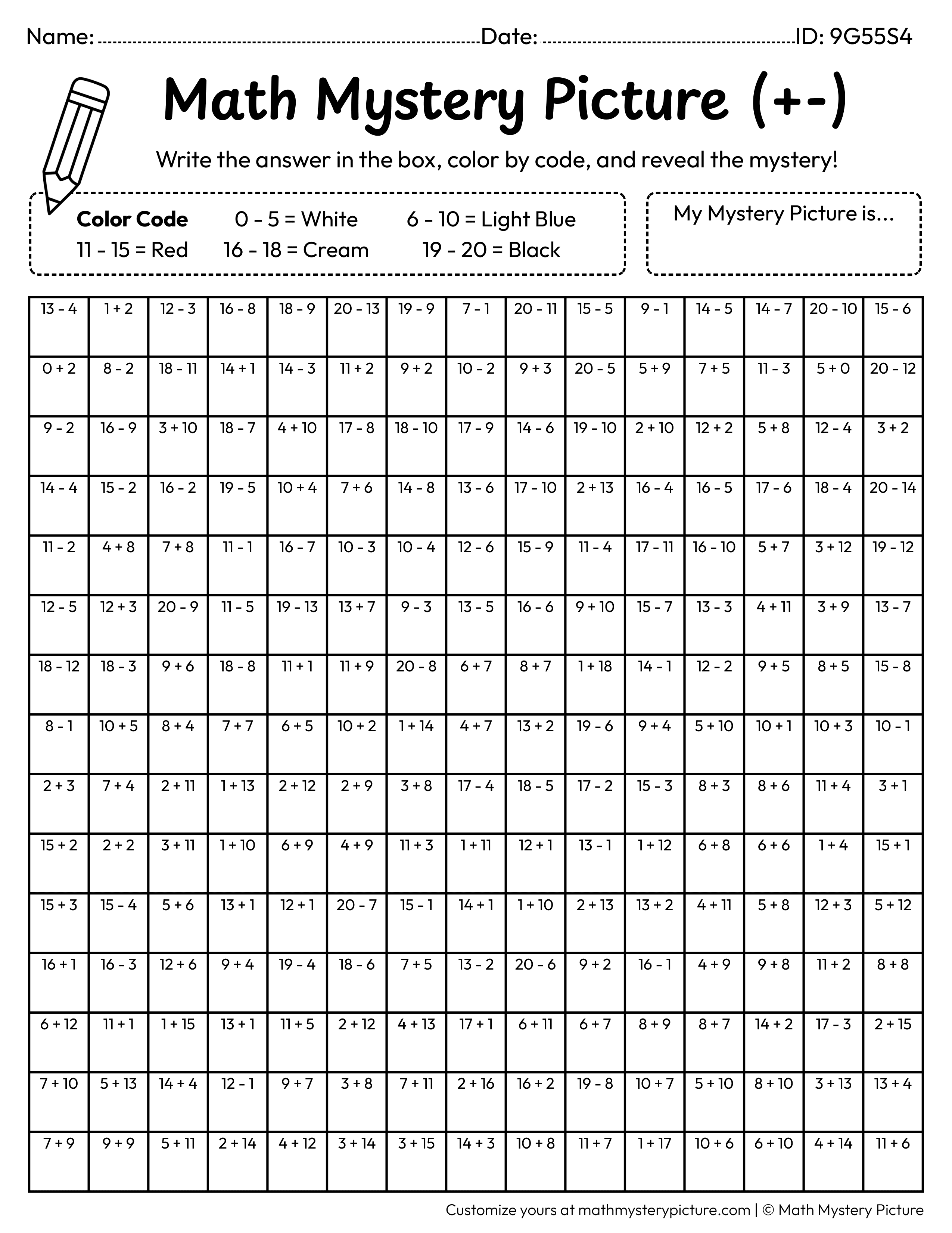Crab Mixed Addition and Subtraction Within 20 Math Mystery Picture Coloring Worksheet