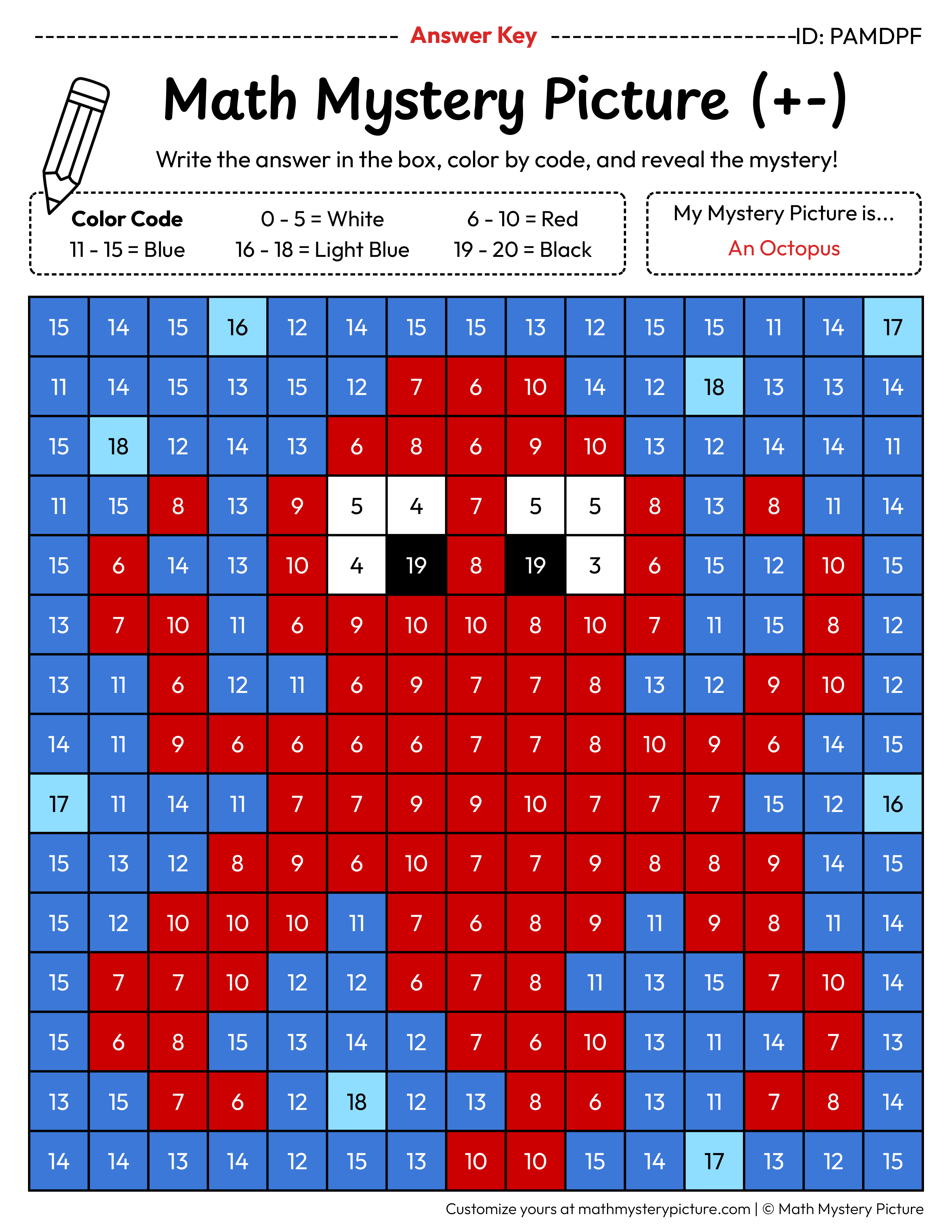 Octopus Mixed Addition and Subtraction Within 20 Math Mystery Picture Color by Number Answer Key