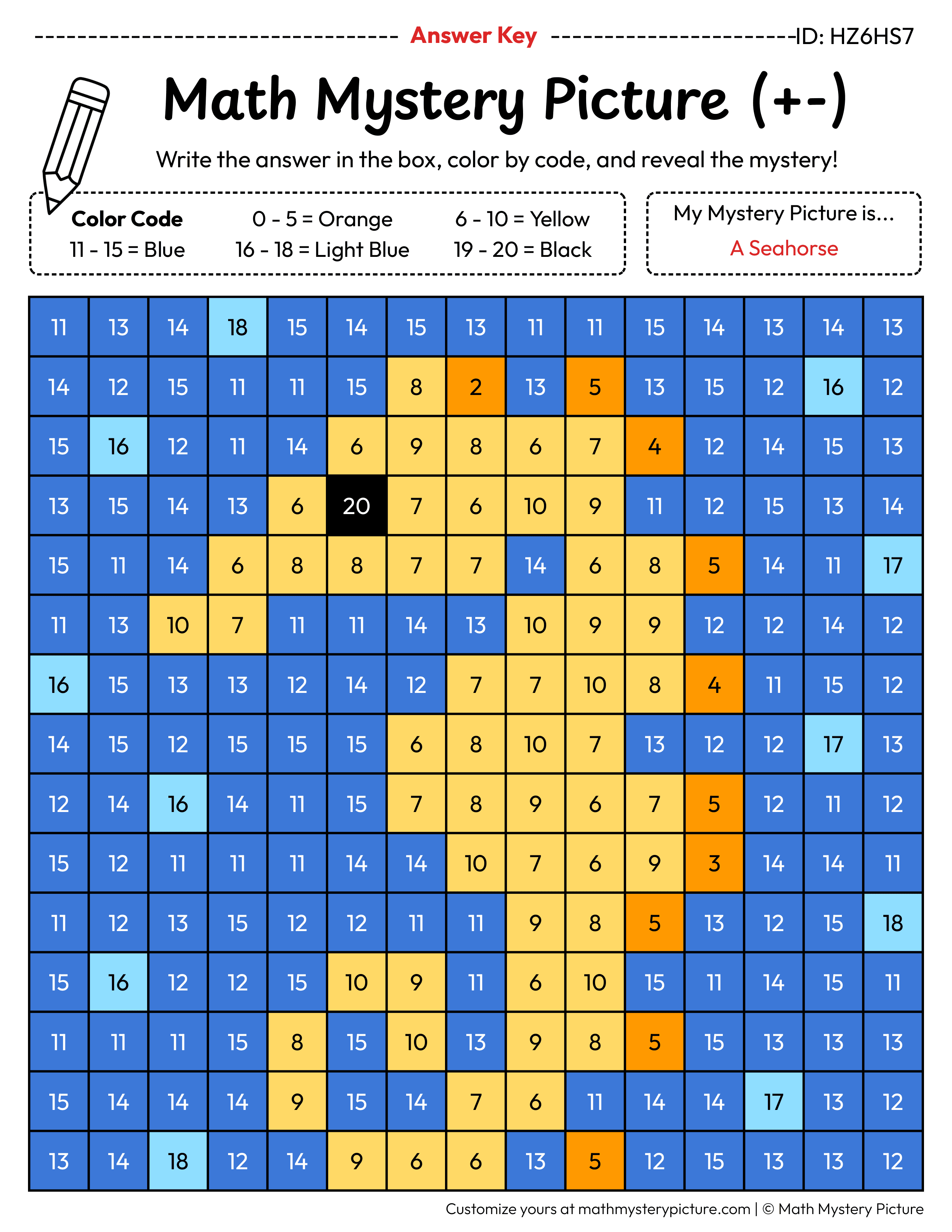 Seahorse Mixed Addition and Subtraction Within 20 Math Mystery Picture Color by Number Answer Key