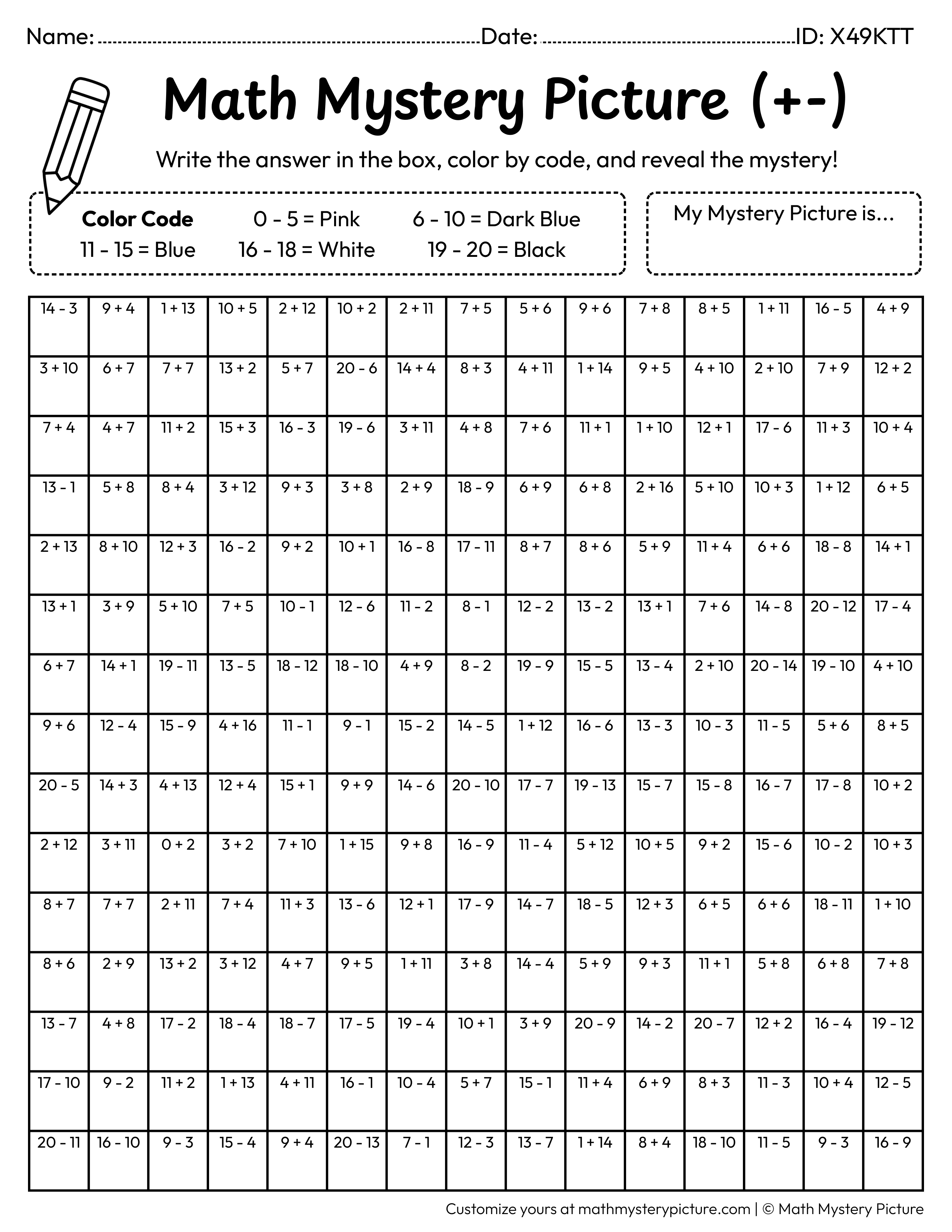 Shark Mixed Addition and Subtraction Within 20 Math Mystery Picture Coloring Worksheet