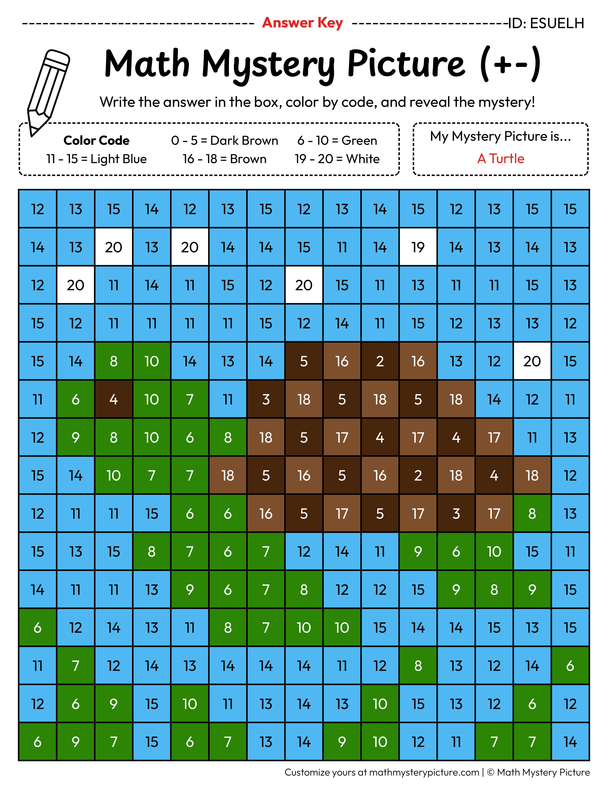 Turtle Mixed Addition and Subtraction Within 20 Math Mystery Picture Color by Number Answer Key