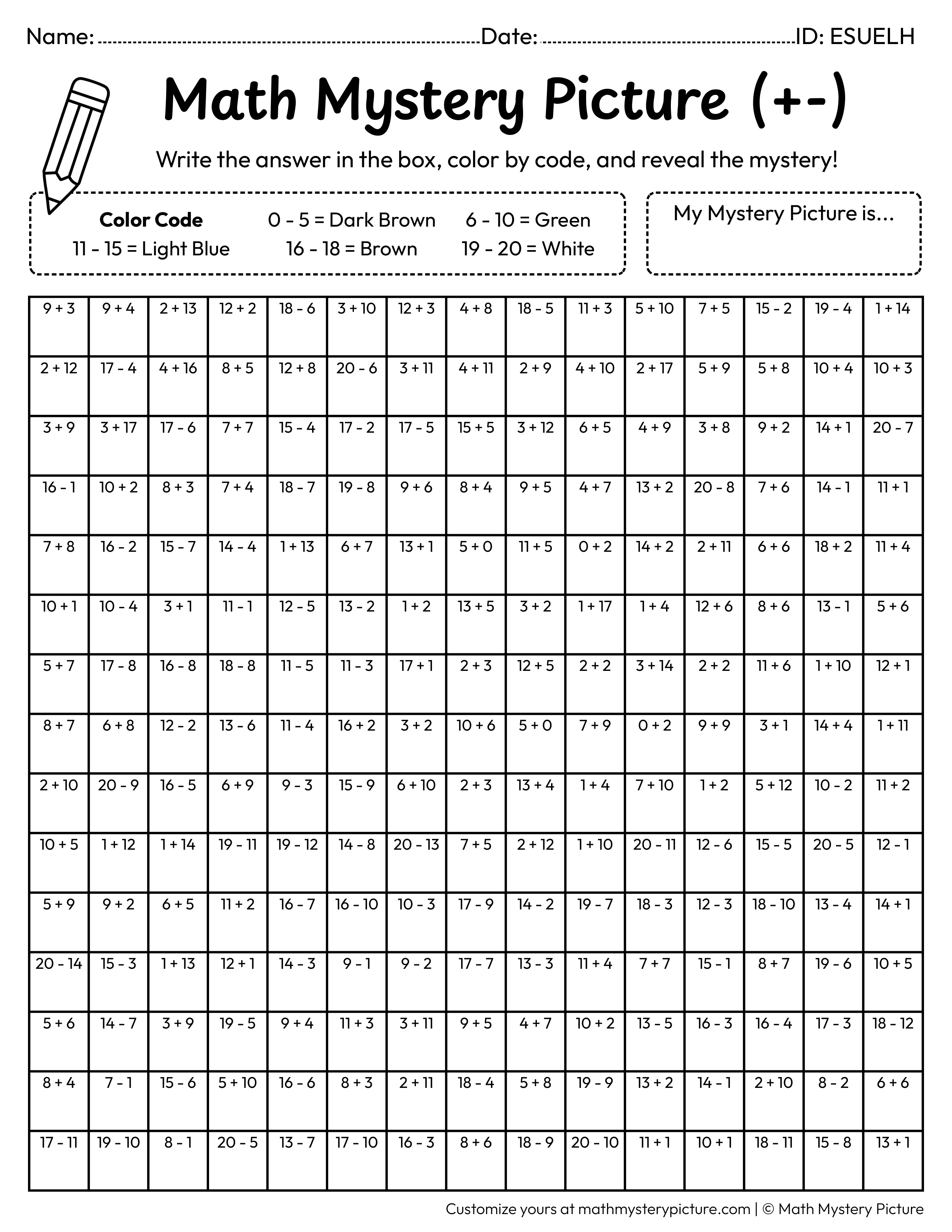 Turtle Mixed Addition and Subtraction Within 20 Math Mystery Picture Coloring Worksheet