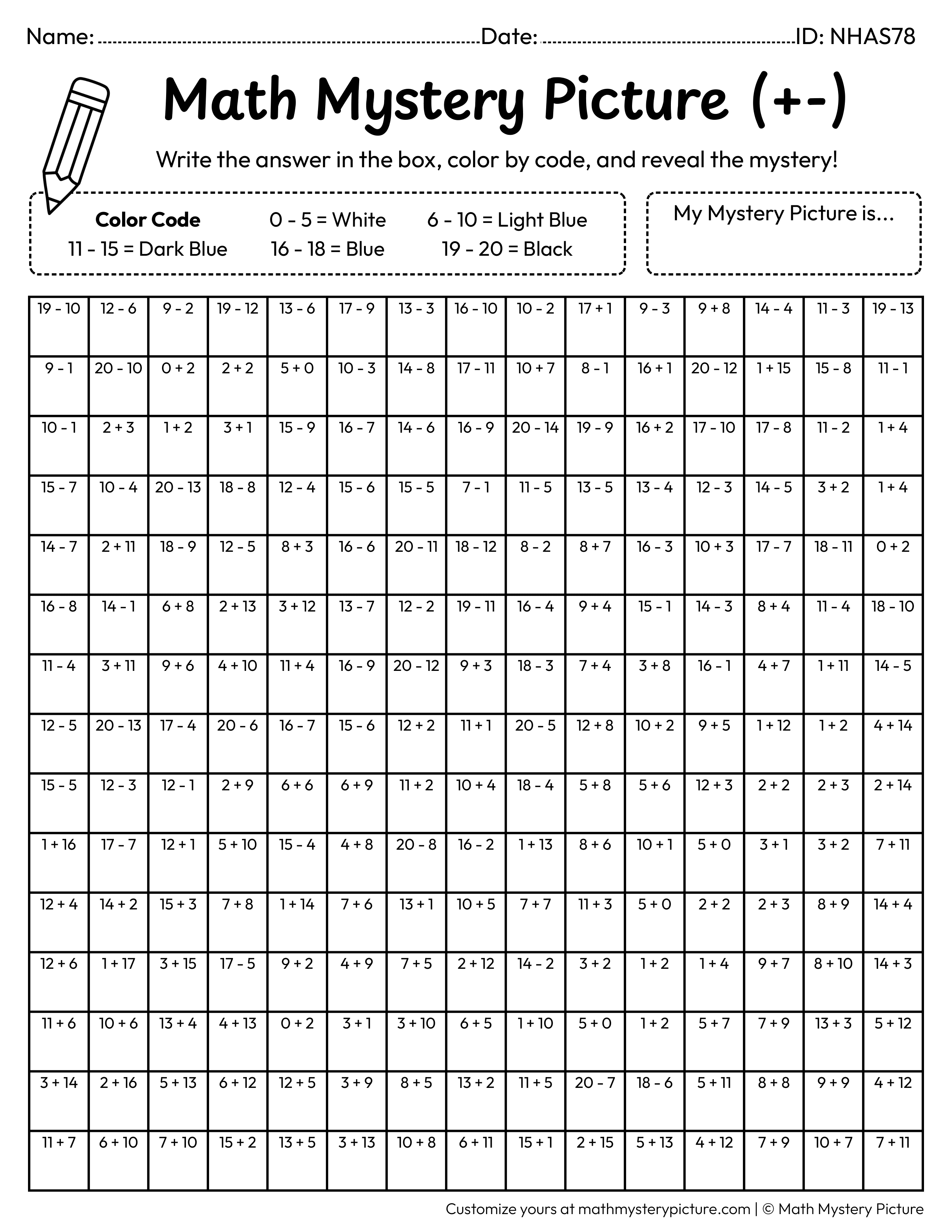 Whale Mixed Addition and Subtraction Within 20 Math Mystery Picture Coloring Worksheet