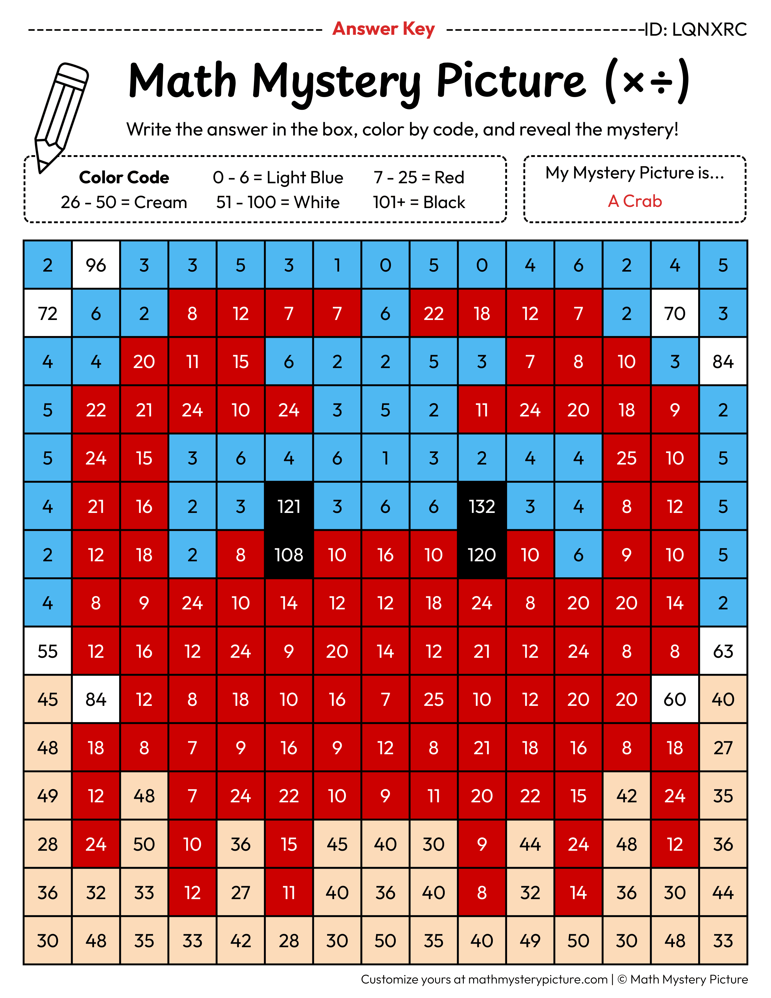 Crab Mixed Multiplication and Division Facts Math Mystery Picture Color by Number Answer Key