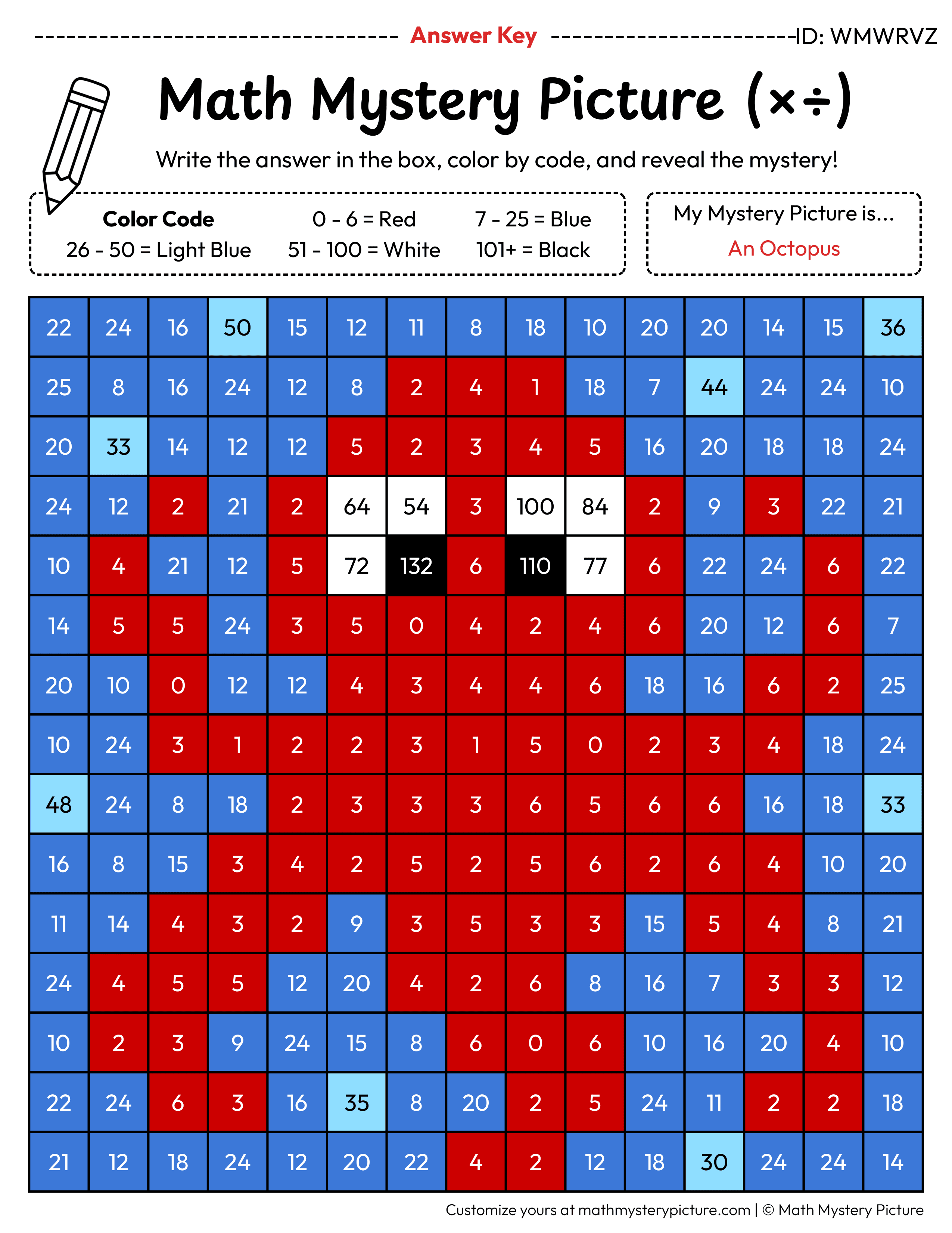 Octopus Mixed Multiplication and Division Facts Math Mystery Picture Color by Number Answer Key