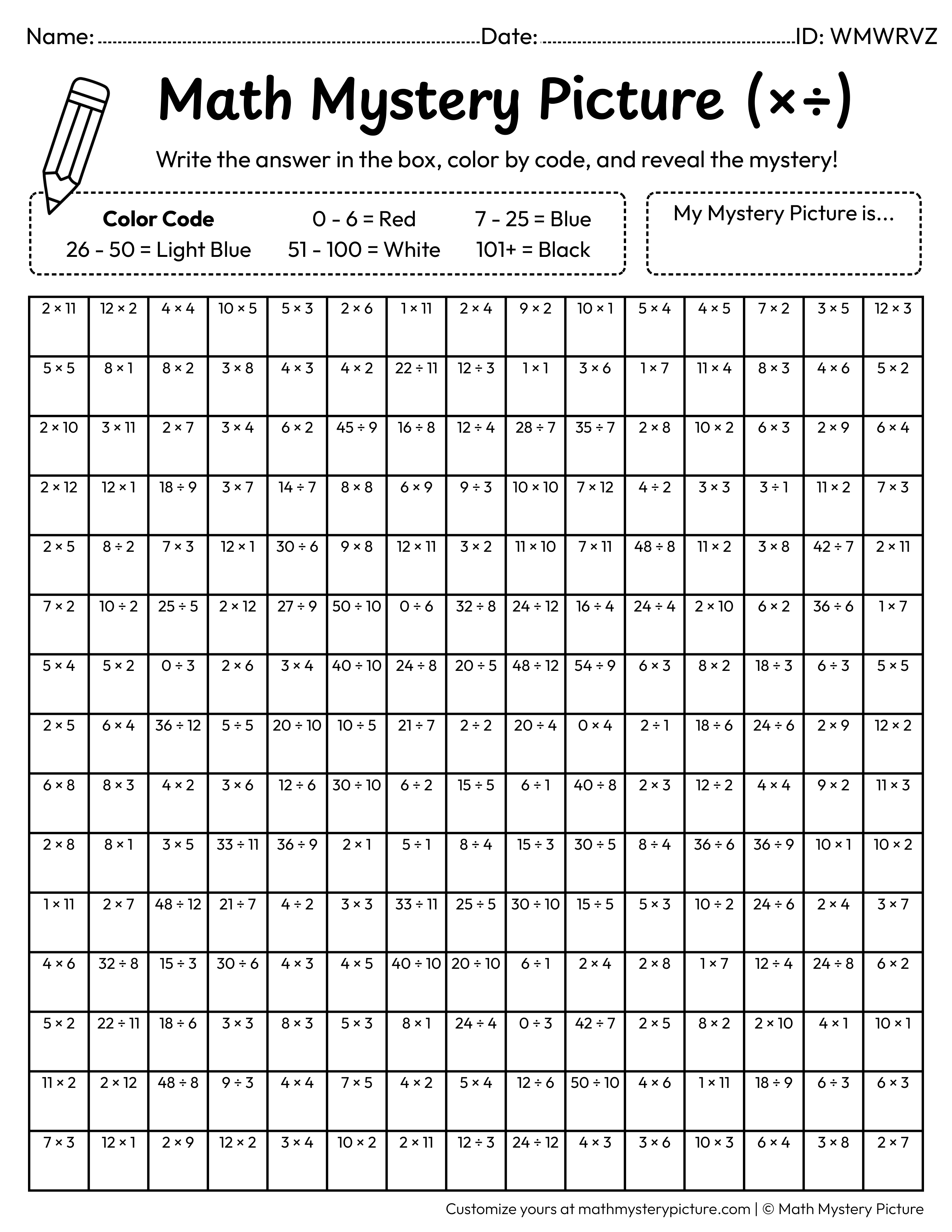 Octopus Mixed Multiplication and Division Facts Math Mystery Picture Coloring Worksheet