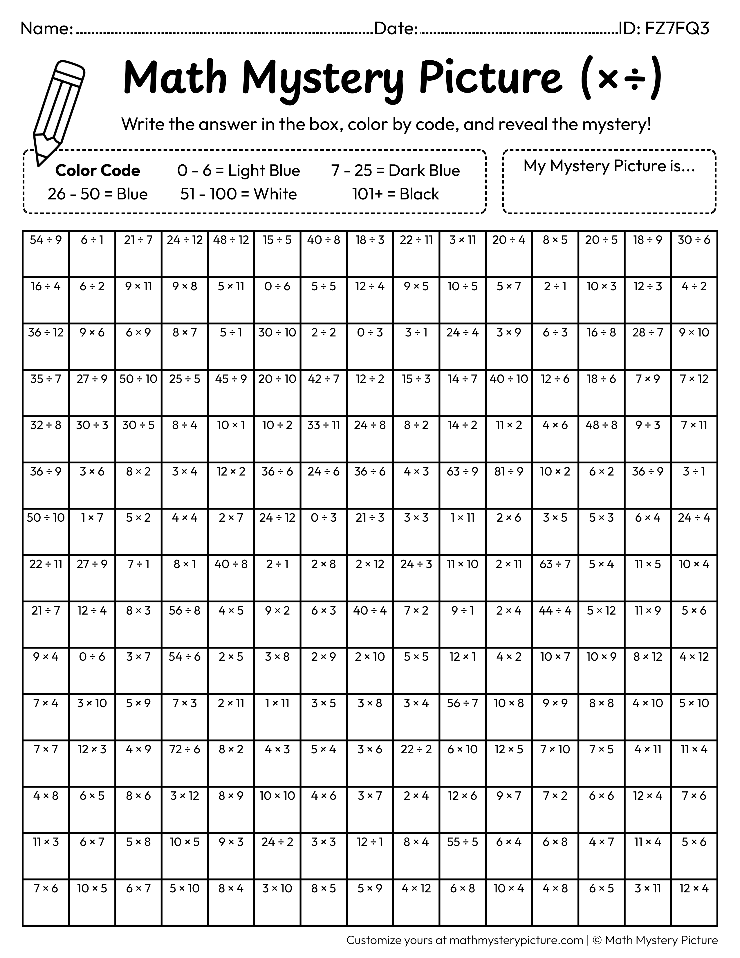 Whale Mixed Multiplication and Division Facts Math Mystery Picture Coloring Worksheet