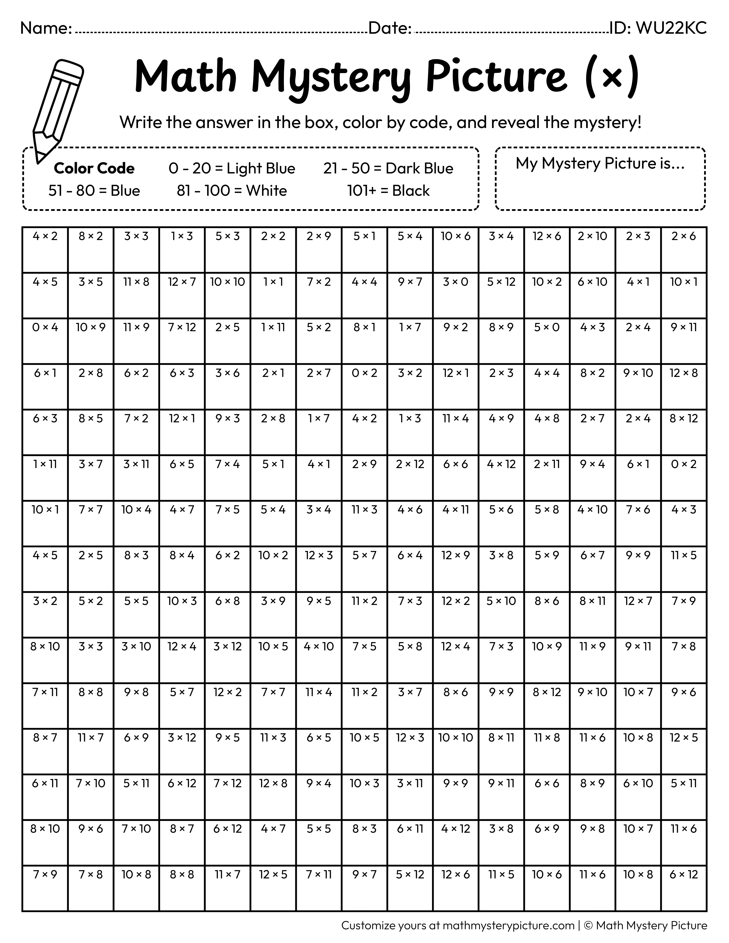 Whale Multiplication Facts Math Mystery Picture Coloring Worksheet