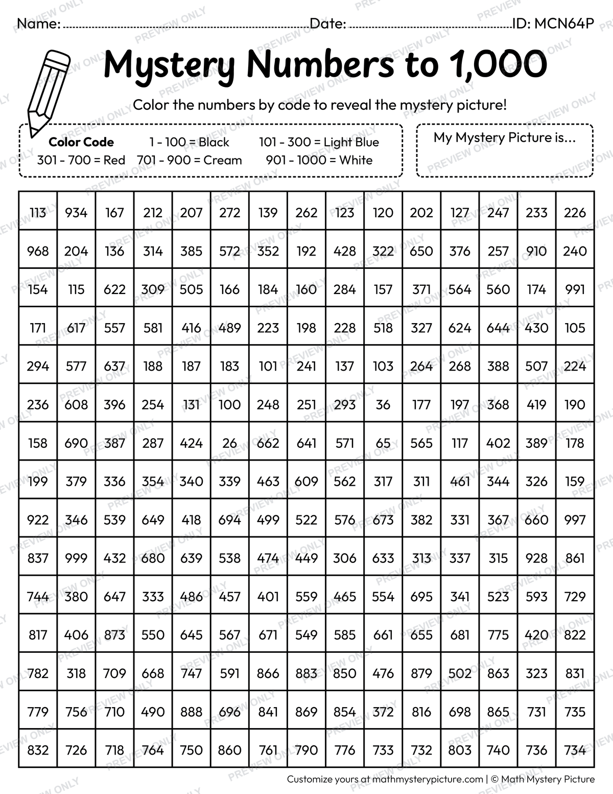 Crab Numbers to 1,000 Math Mystery Picture Coloring Worksheet