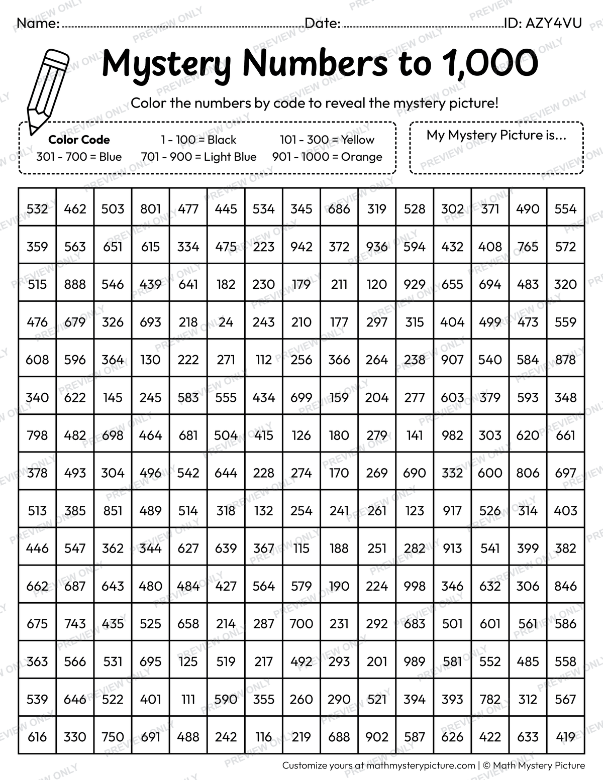 Seahorse Numbers to 1,000 Math Mystery Picture Coloring Worksheet