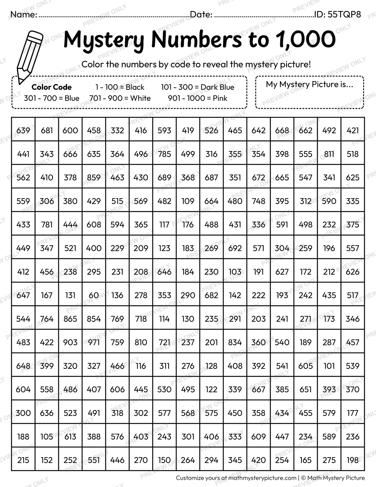 Shark Numbers to 1,000 Math Mystery Picture Coloring Worksheet
