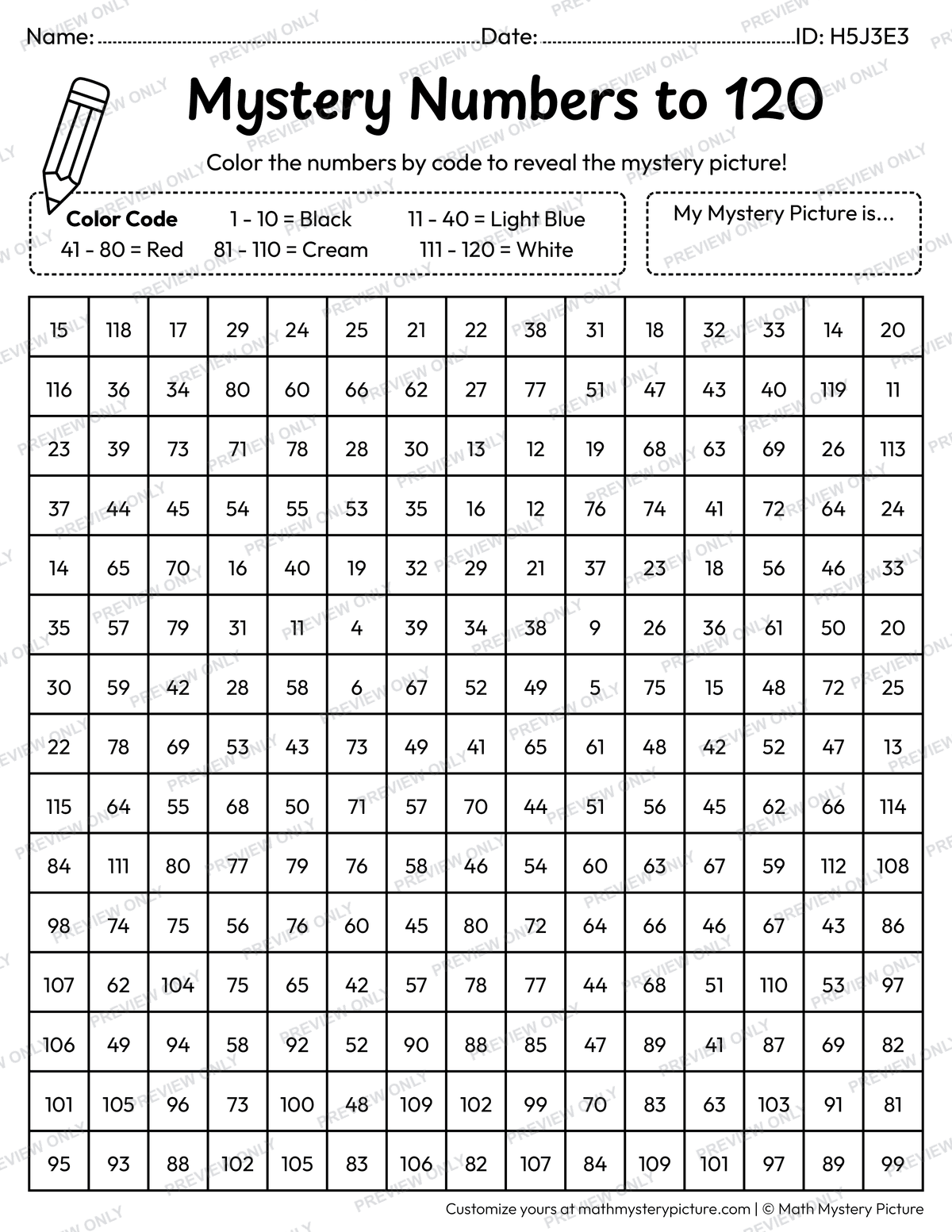 Crab Numbers to 120 Math Mystery Picture Coloring Worksheet
