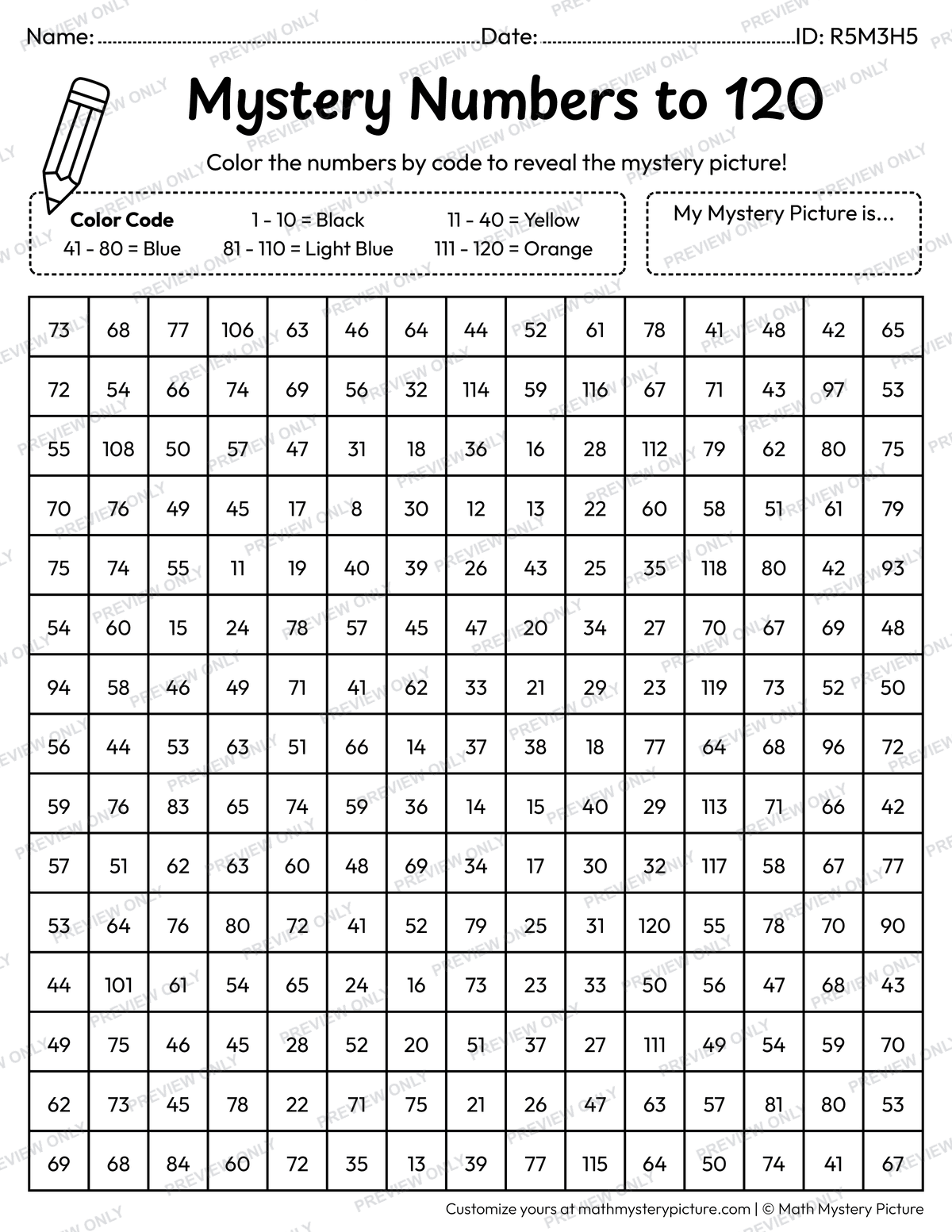 Seahorse Numbers to 120 Math Mystery Picture Coloring Worksheet