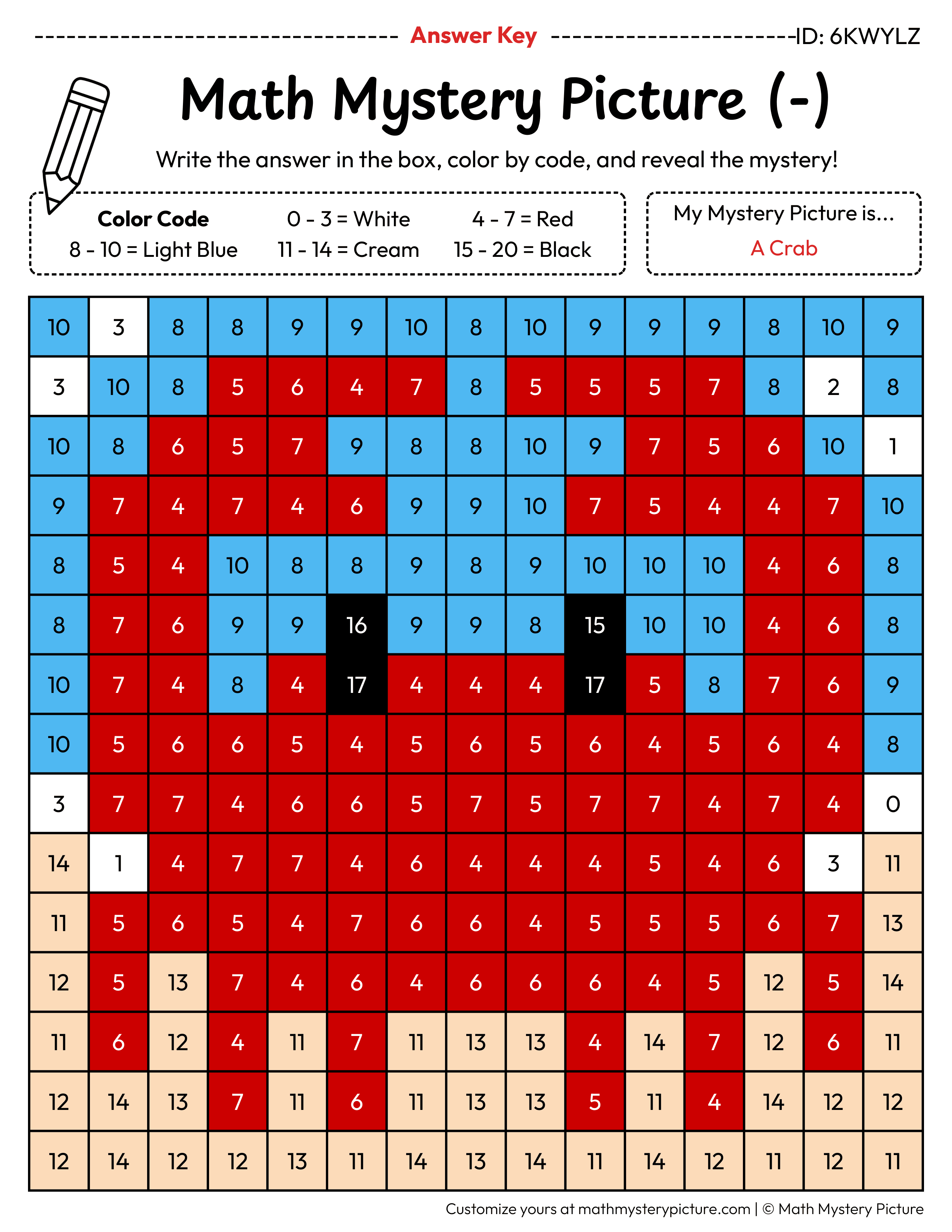 Crab Subtraction Within 20 Math Mystery Picture Color by Number Answer Key