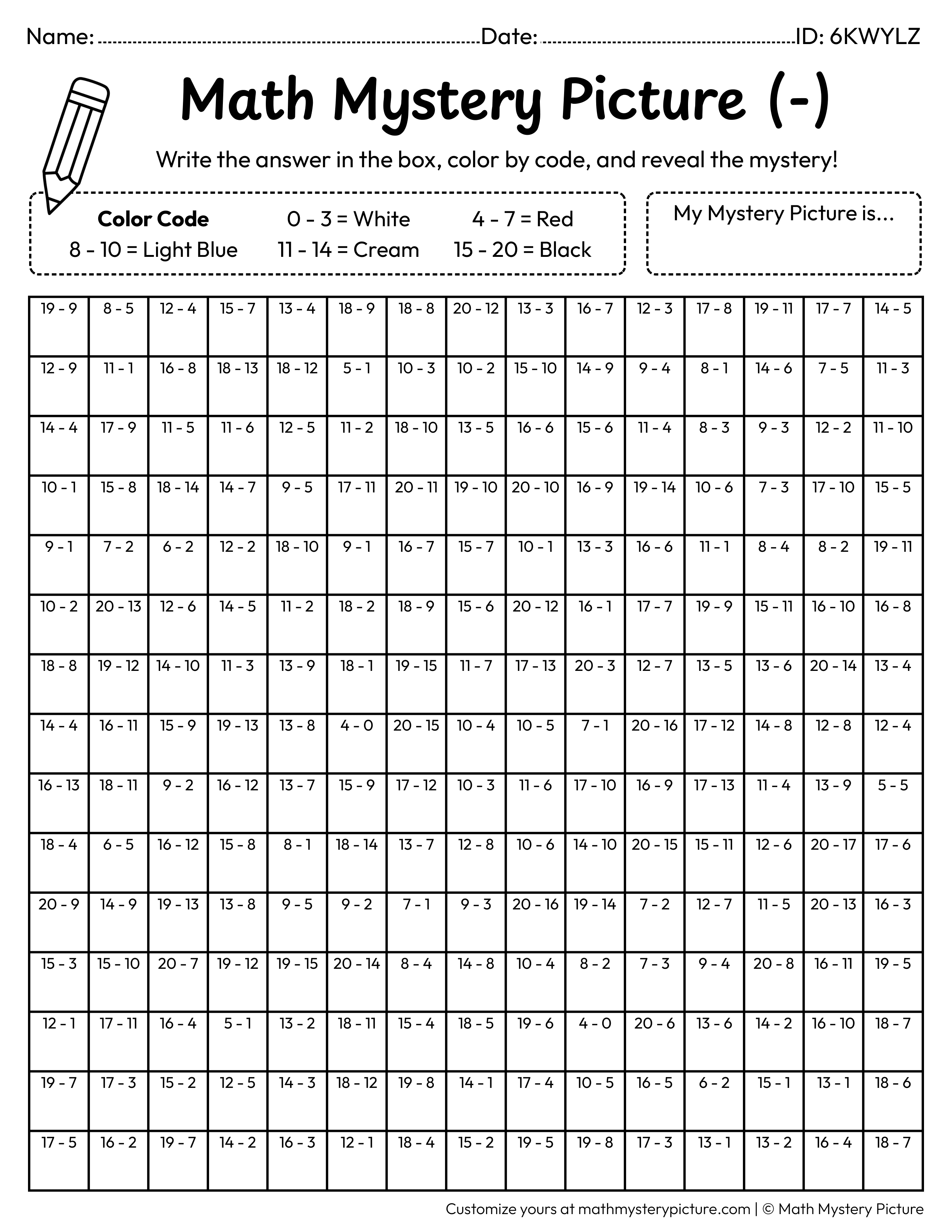 Crab Subtraction Within 20 Math Mystery Picture Coloring Worksheet