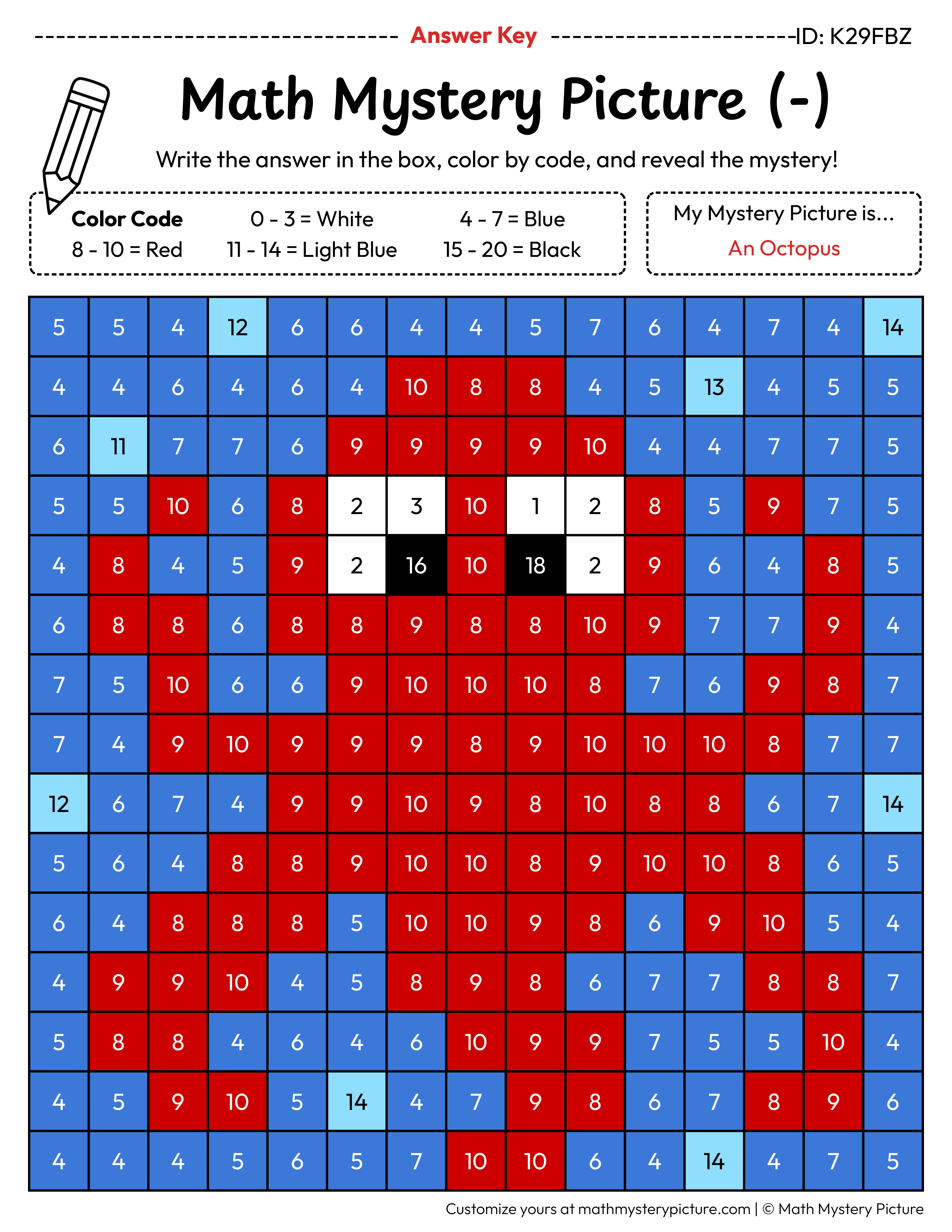 Octopus Subtraction Within 20 Math Mystery Picture Color by Number Answer Key