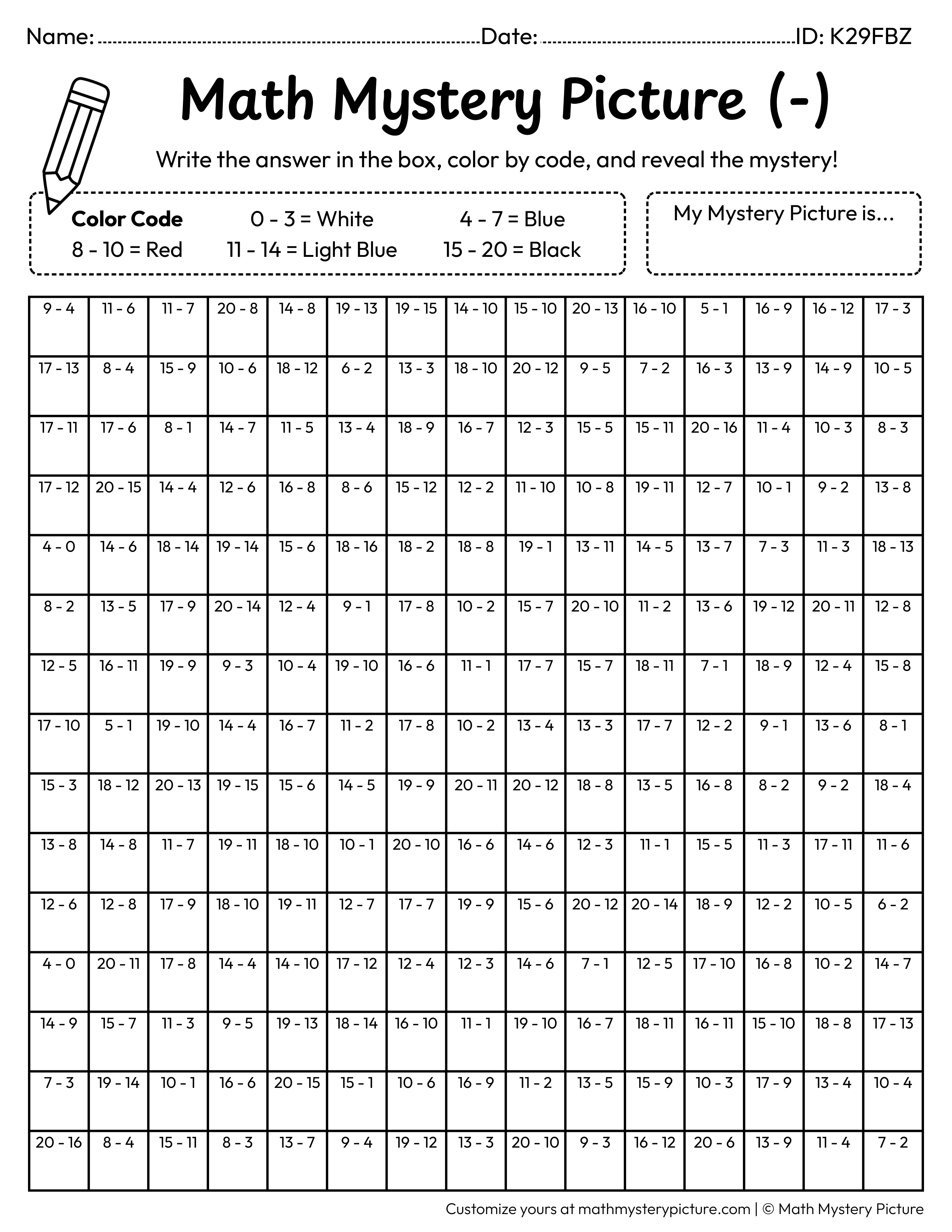 Octopus Subtraction Within 20 Math Mystery Picture Coloring Worksheet