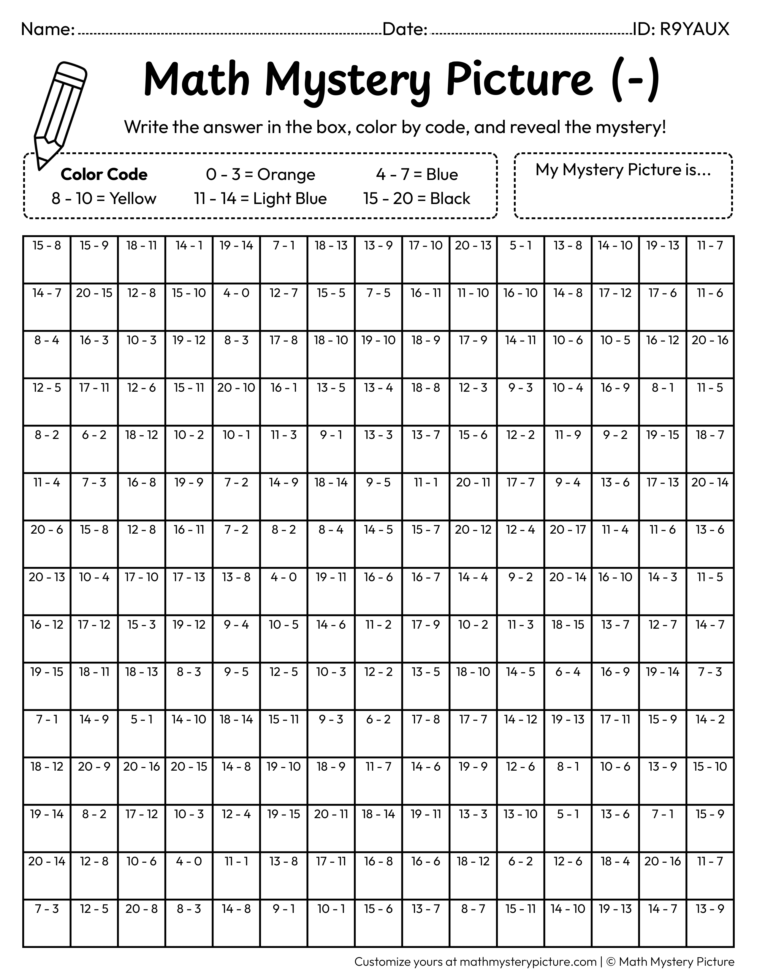 Seahorse Subtraction Within 20 Math Mystery Picture Coloring Worksheet