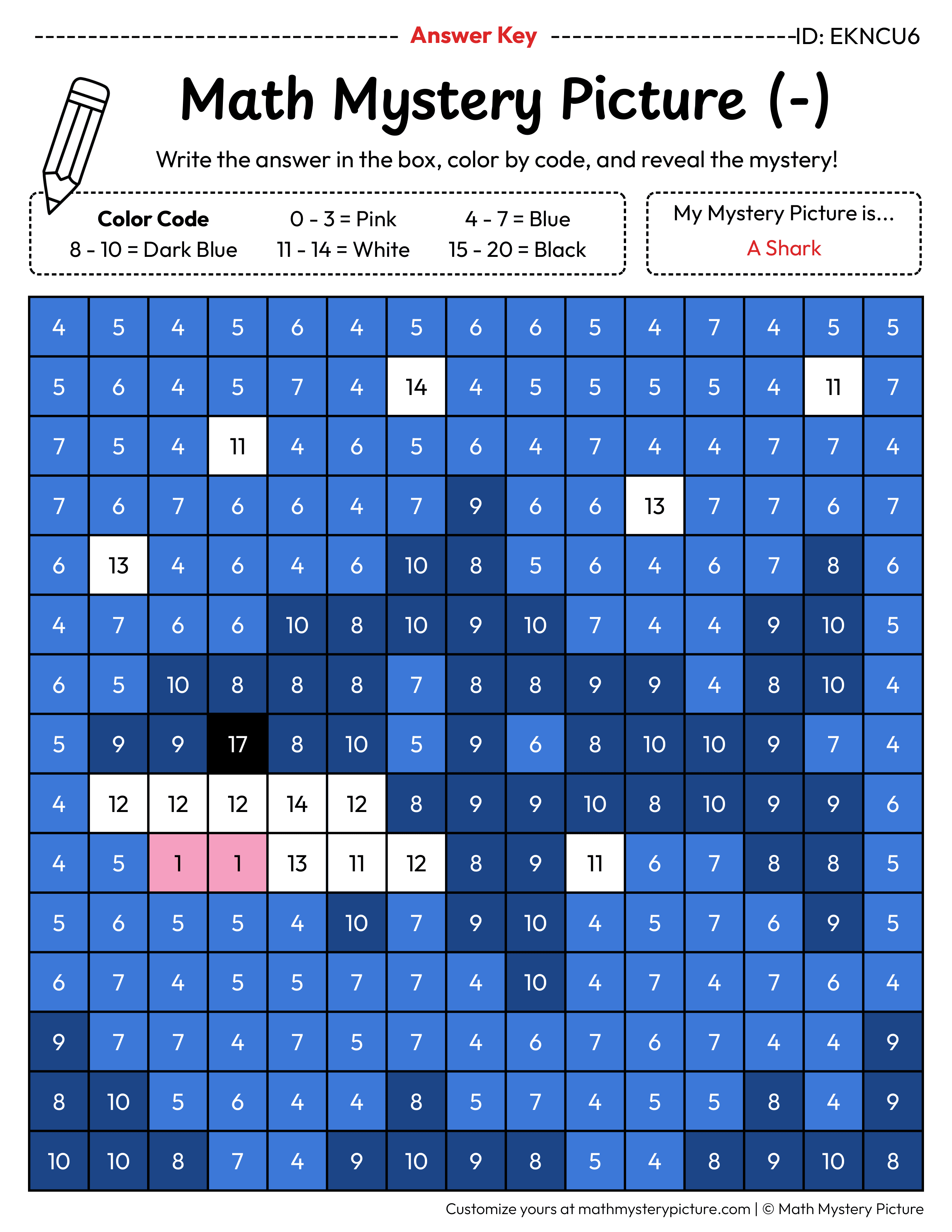 Shark Subtraction Within 20 Math Mystery Picture Color by Number Answer Key