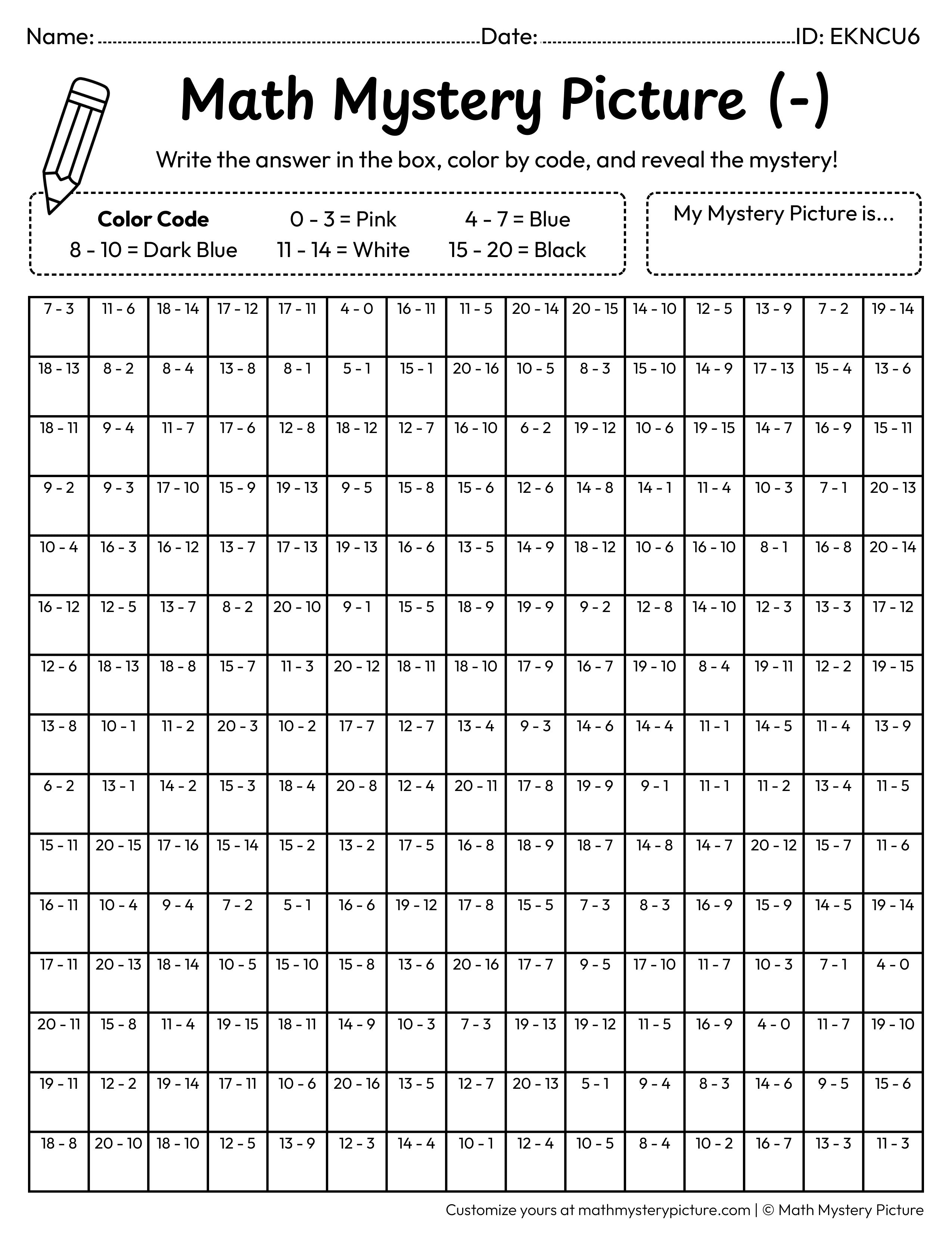 Shark Subtraction Within 20 Math Mystery Picture Coloring Worksheet