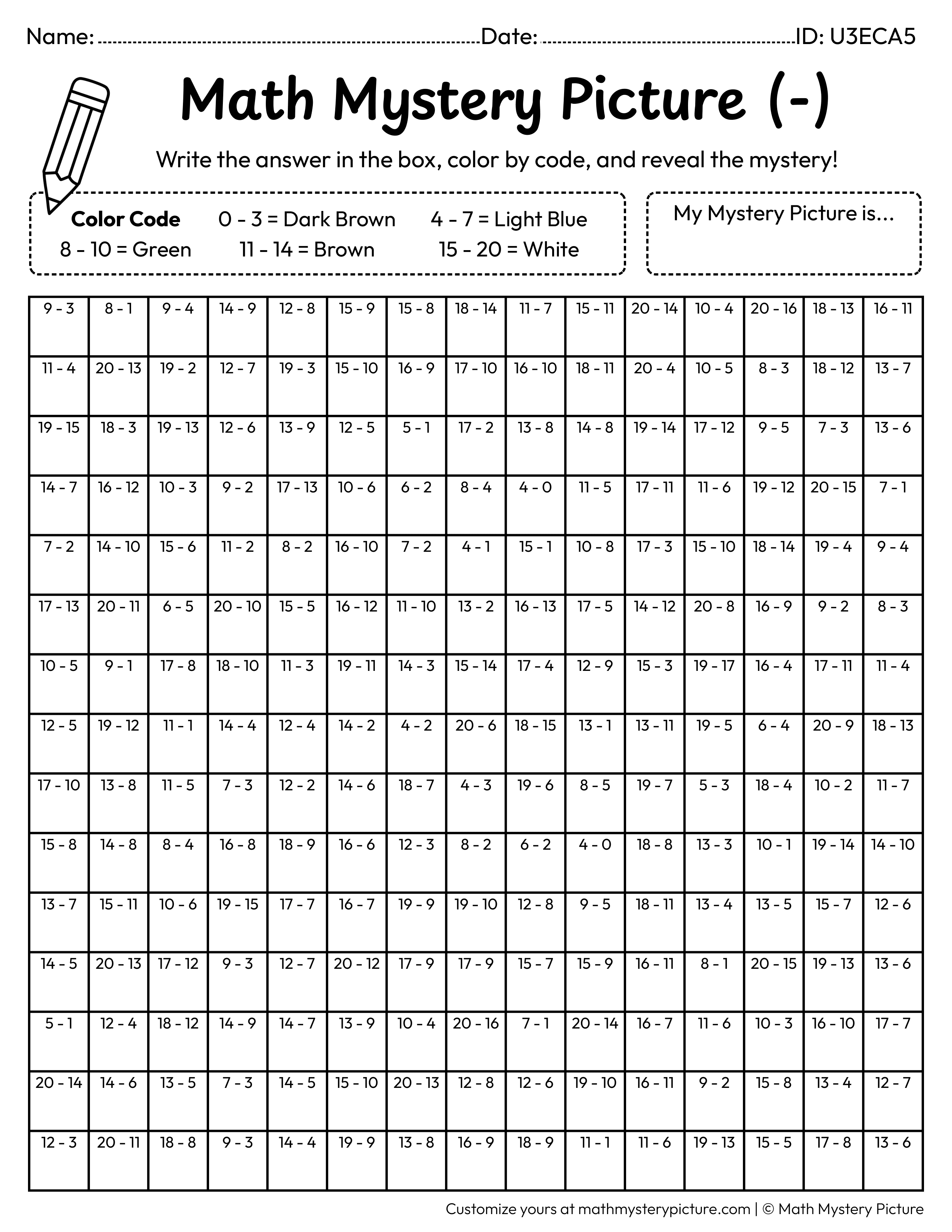Turtle Subtraction Within 20 Math Mystery Picture Coloring Worksheet