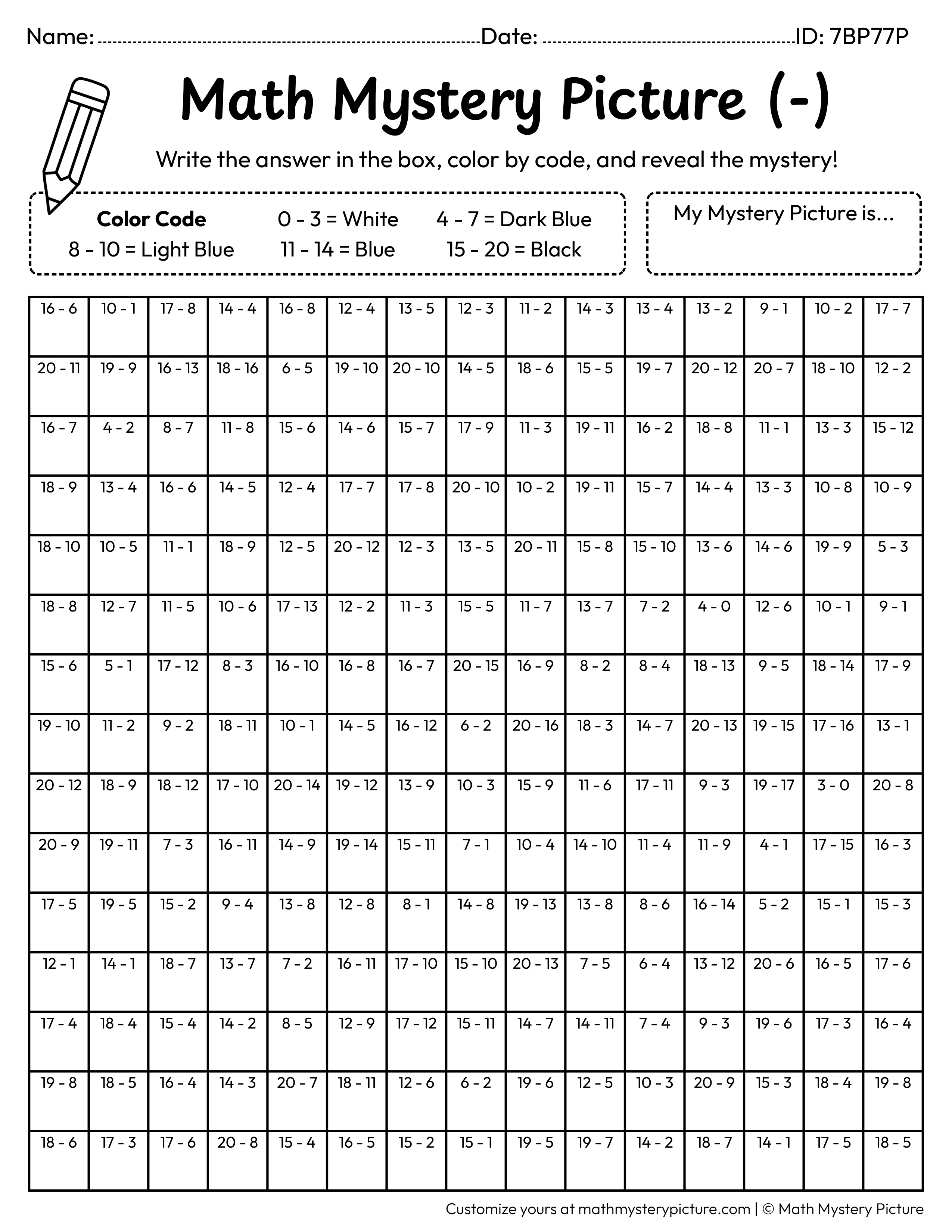 Whale Subtraction Within 20 Math Mystery Picture Coloring Worksheet