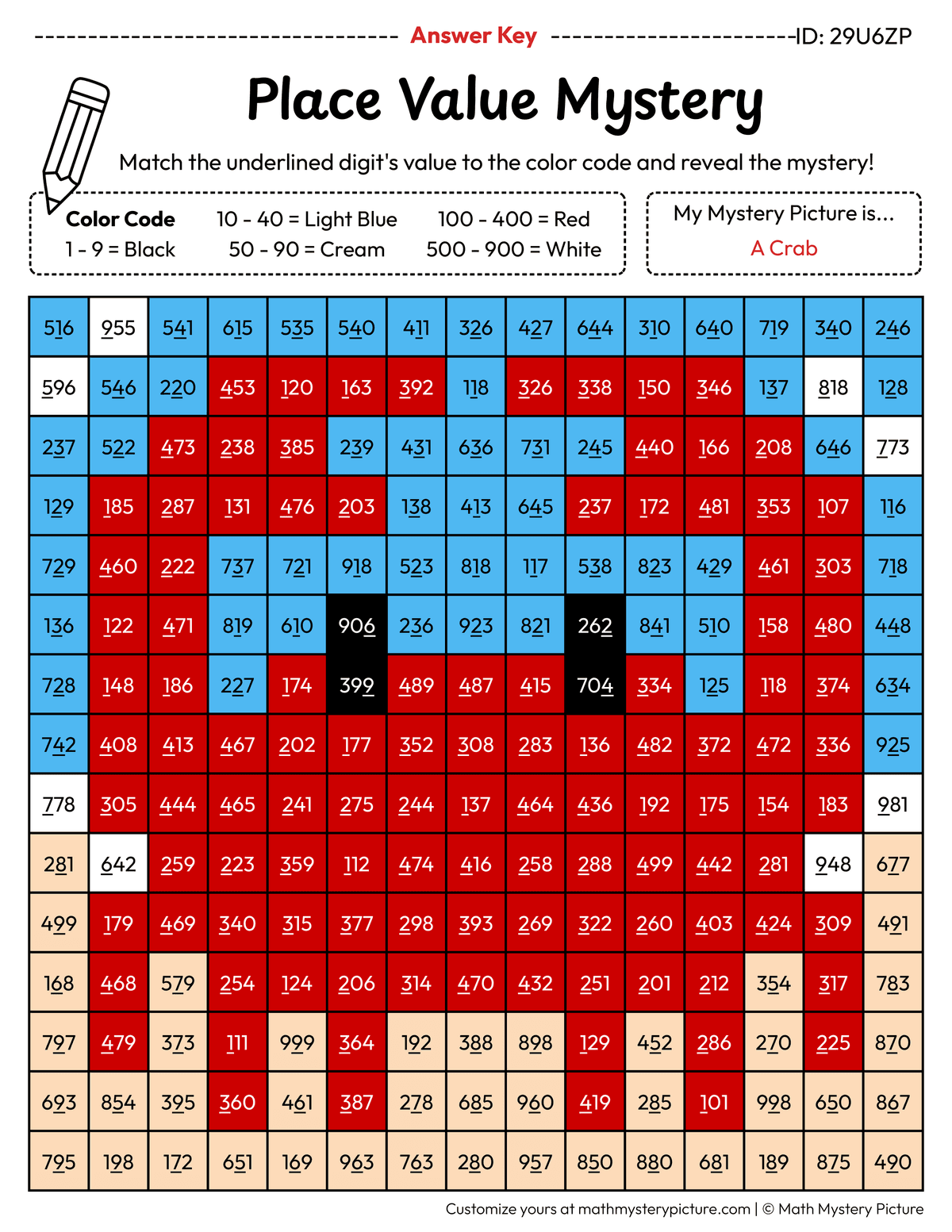 Crab Value of Underlined Digit Math Mystery Picture Color by Number Answer Key