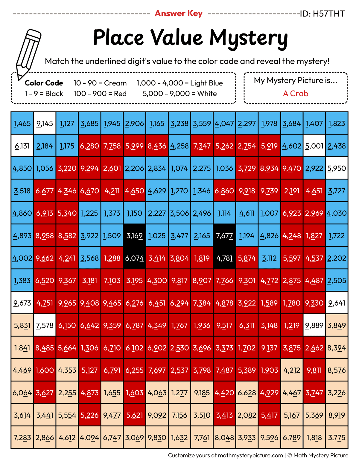 Crab Value of Underlined Digit Math Mystery Picture Color by Number Answer Key