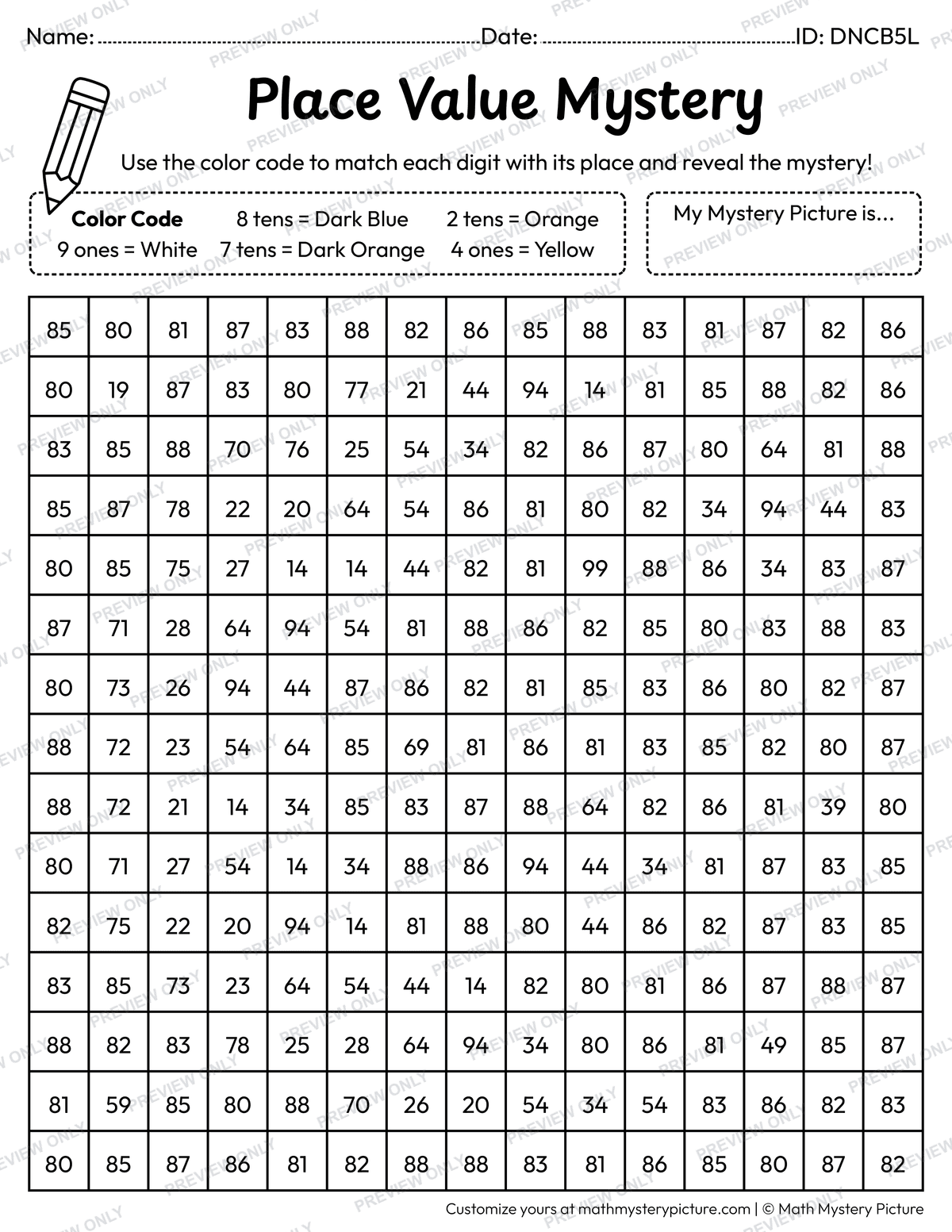 Moon and Stars 2-digit Place Value Math Mystery Picture Coloring Worksheet