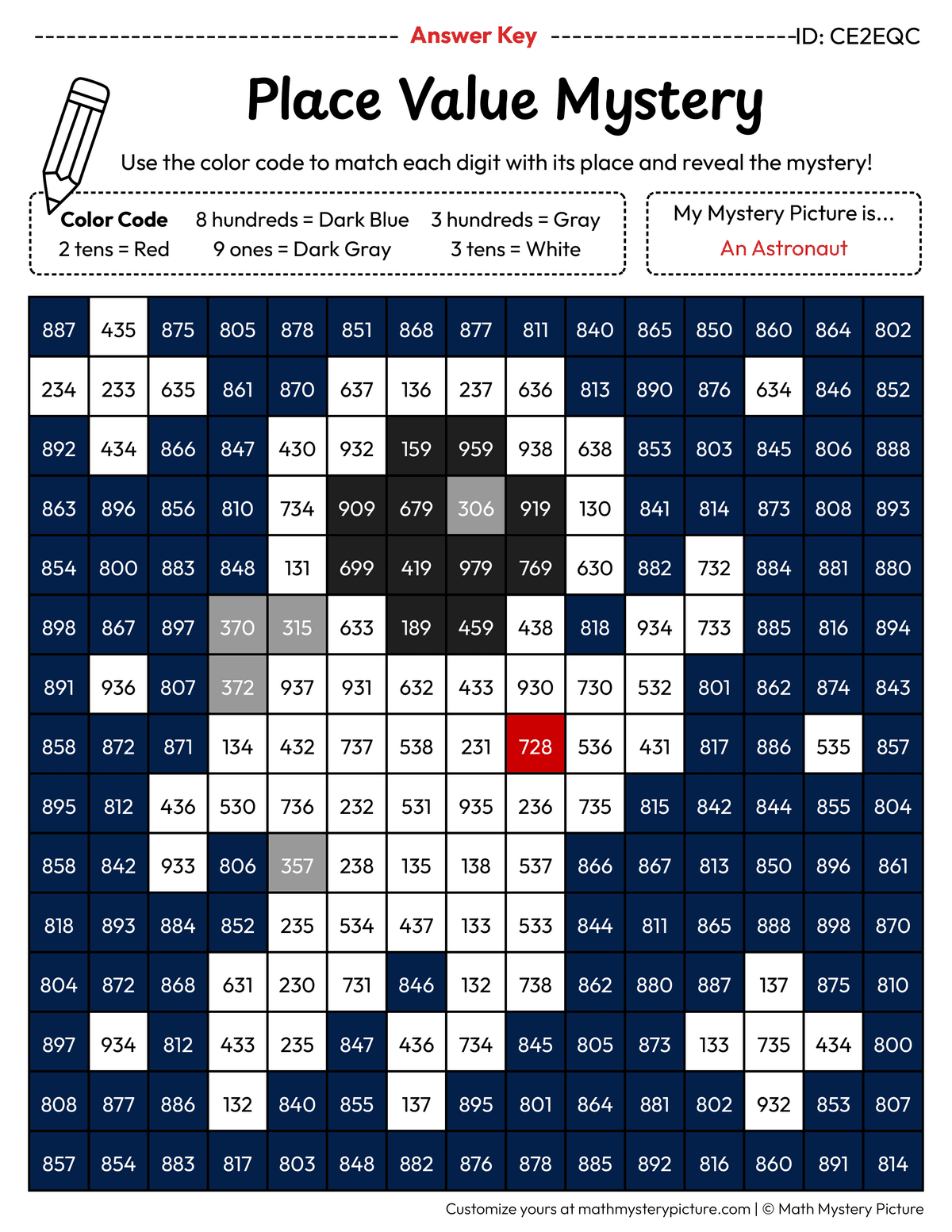 Astronaut 3-digit Place Value Math Mystery Picture Color by Number Answer Key