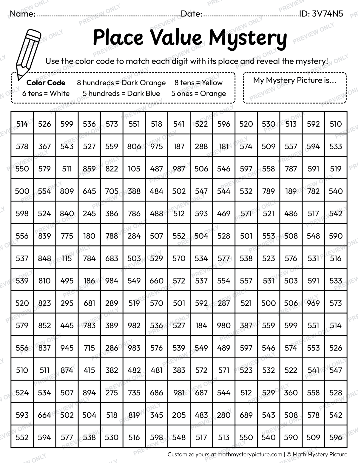 Moon and Stars 3-digit Place Value Math Mystery Picture Coloring Worksheet
