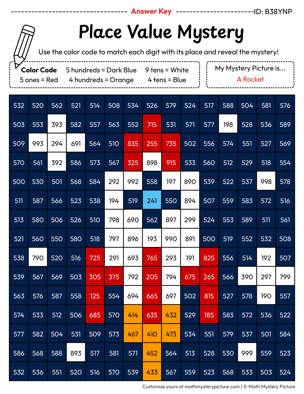 Rocket 3-digit Place Value Math Mystery Picture Color by Number Answer Key