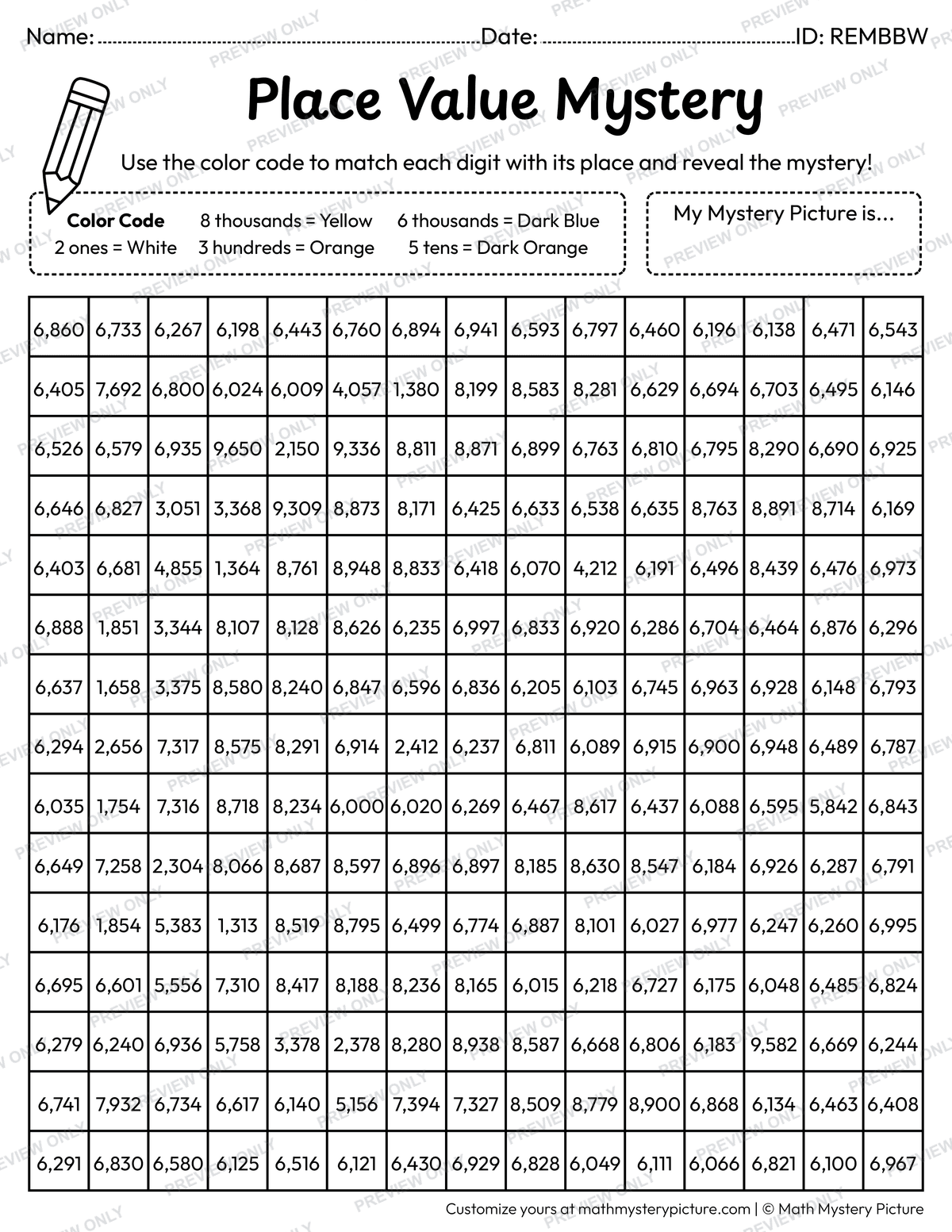 Moon and Stars 4-digit Place Value Math Mystery Picture Coloring Worksheet