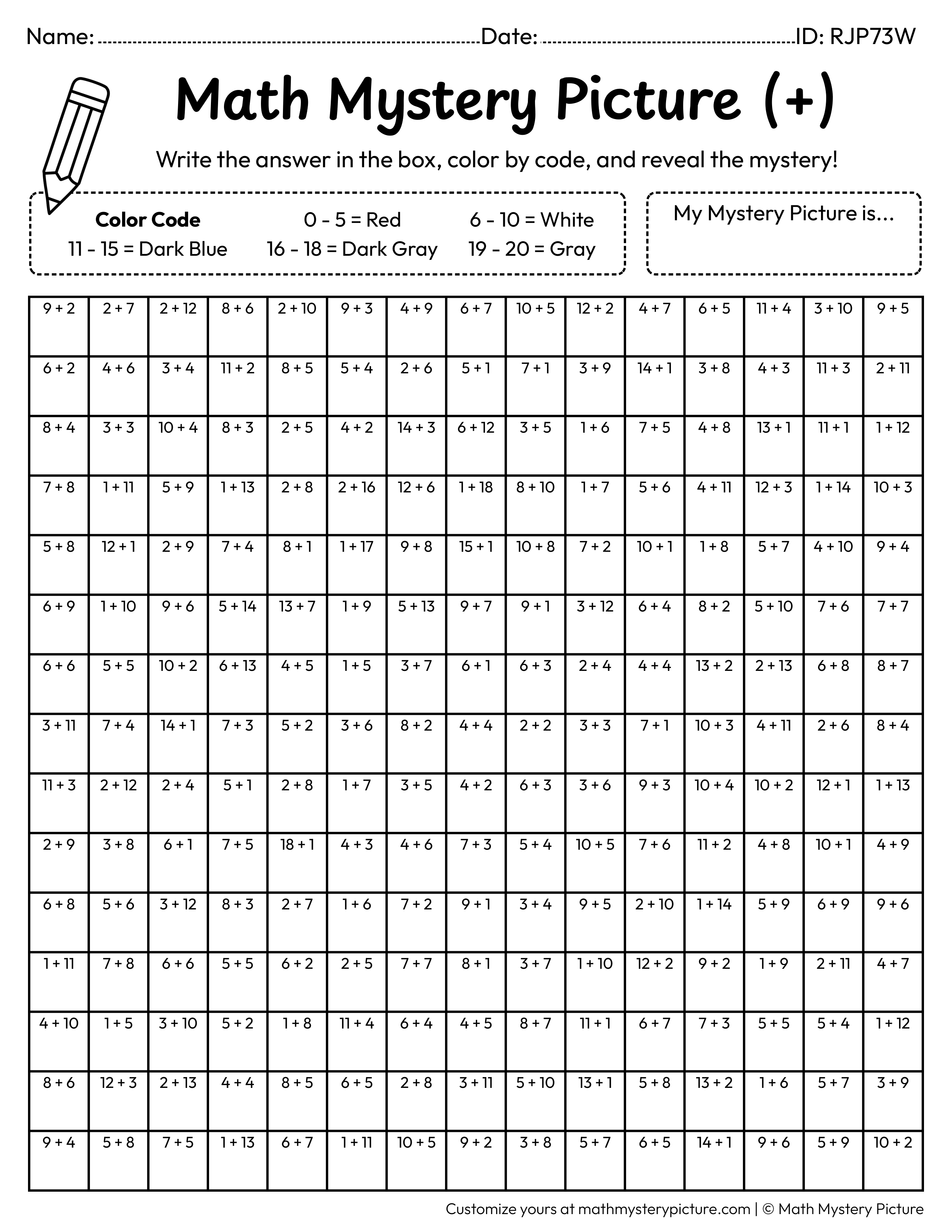 Astronaut Addition Within 20 Math Mystery Picture Coloring Worksheet