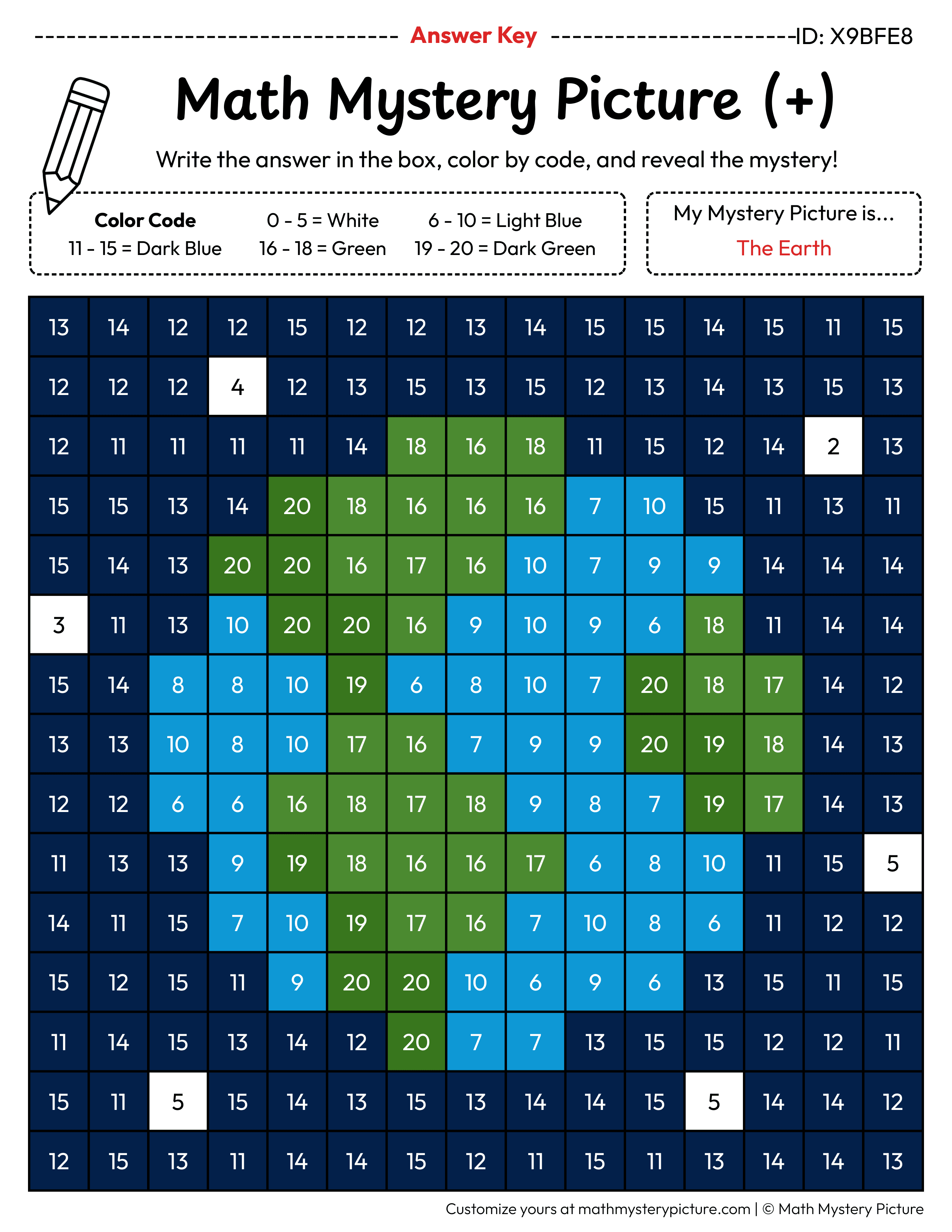 Earth Addition Within 20 Math Mystery Picture Color by Number Answer Key