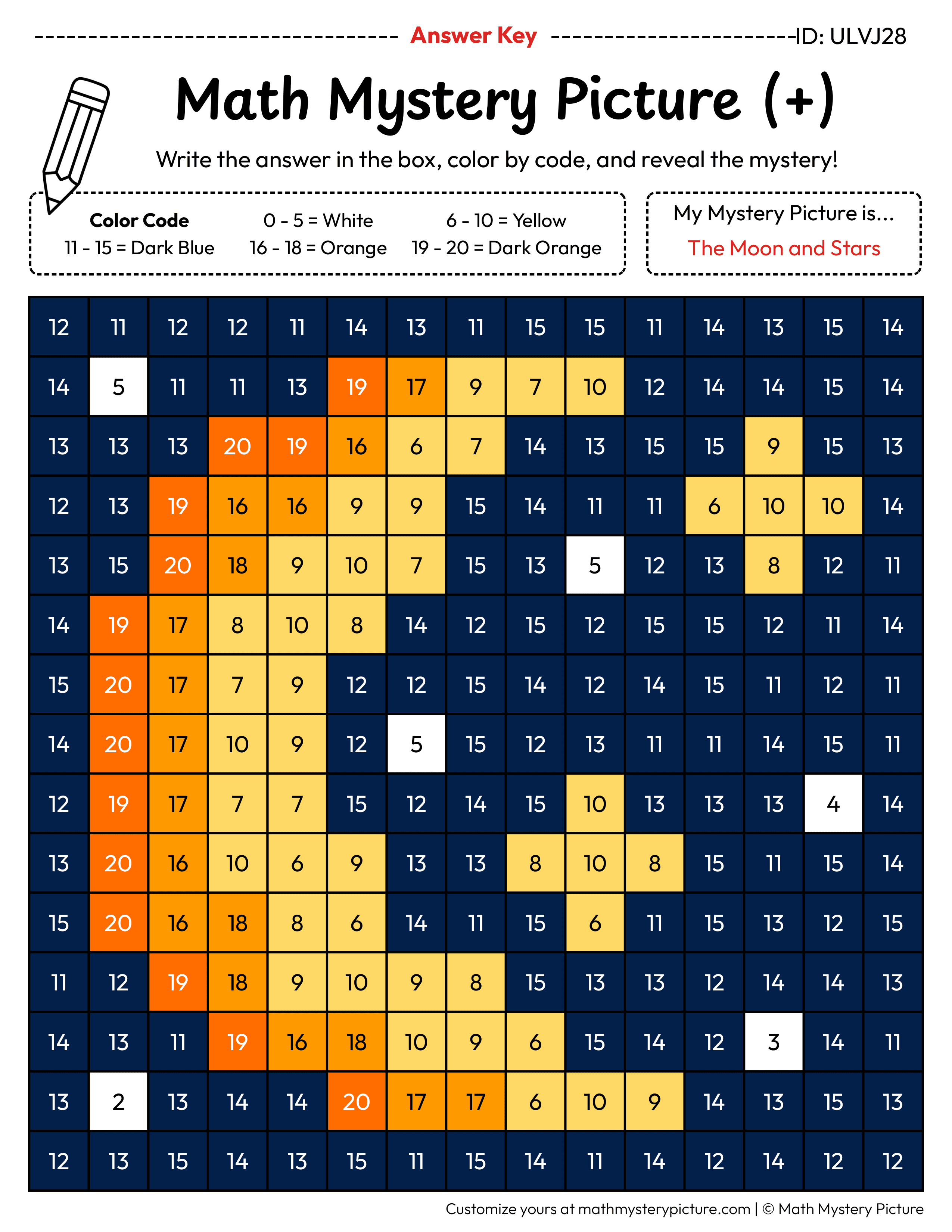 Moon and Stars Addition Within 20 Math Mystery Picture Color by Number Answer Key