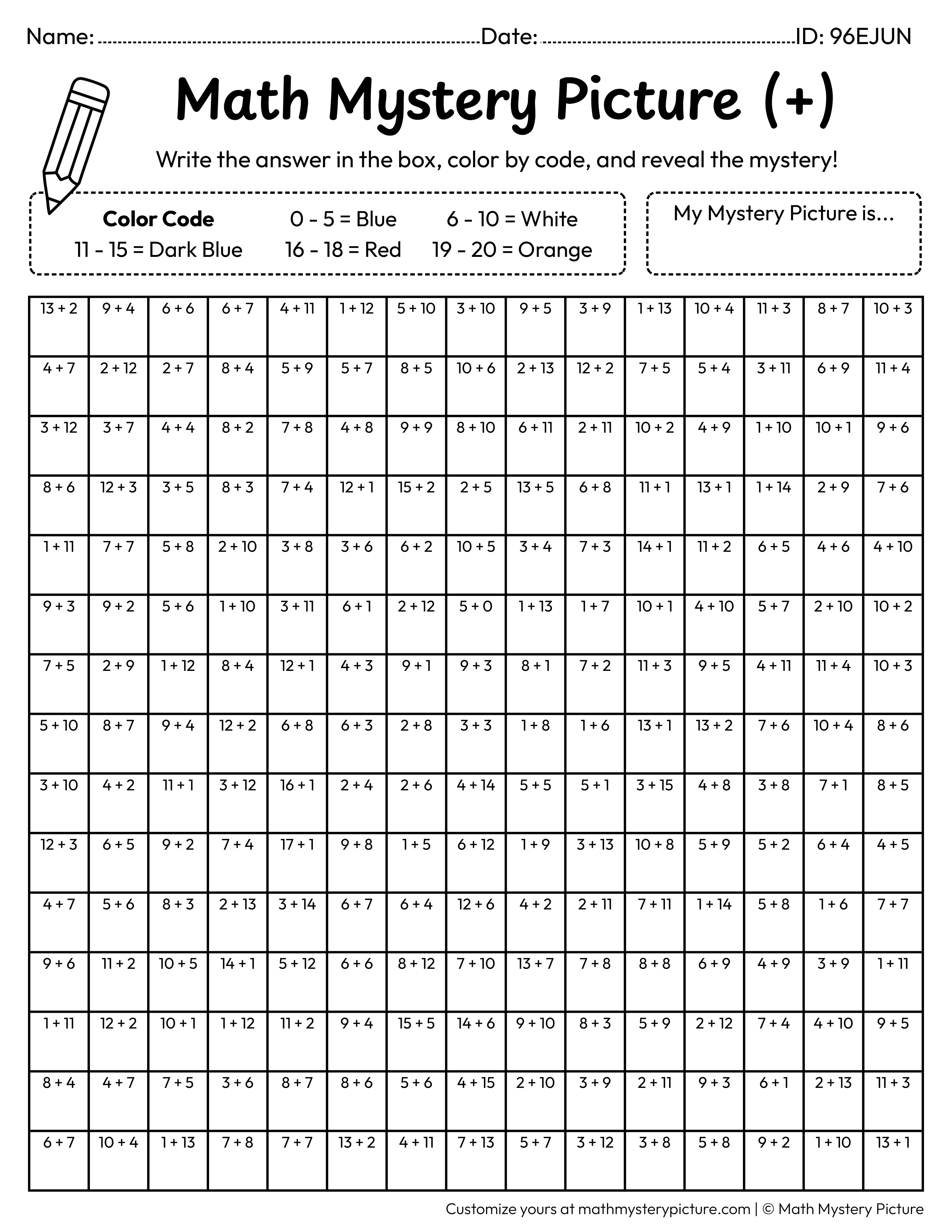 Rocket Addition Within 20 Math Mystery Picture Coloring Worksheet