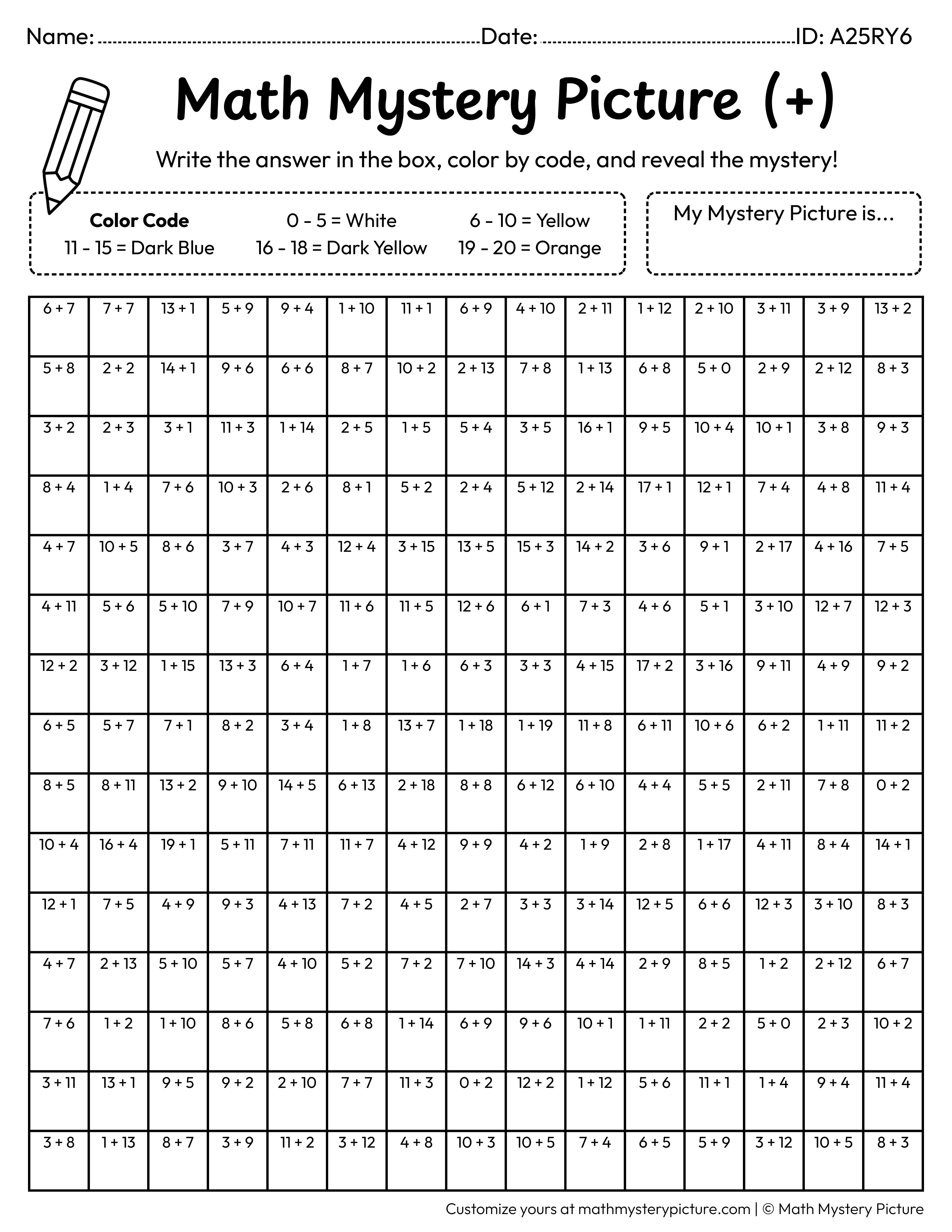 Saturn Addition Within 20 Math Mystery Picture Coloring Worksheet