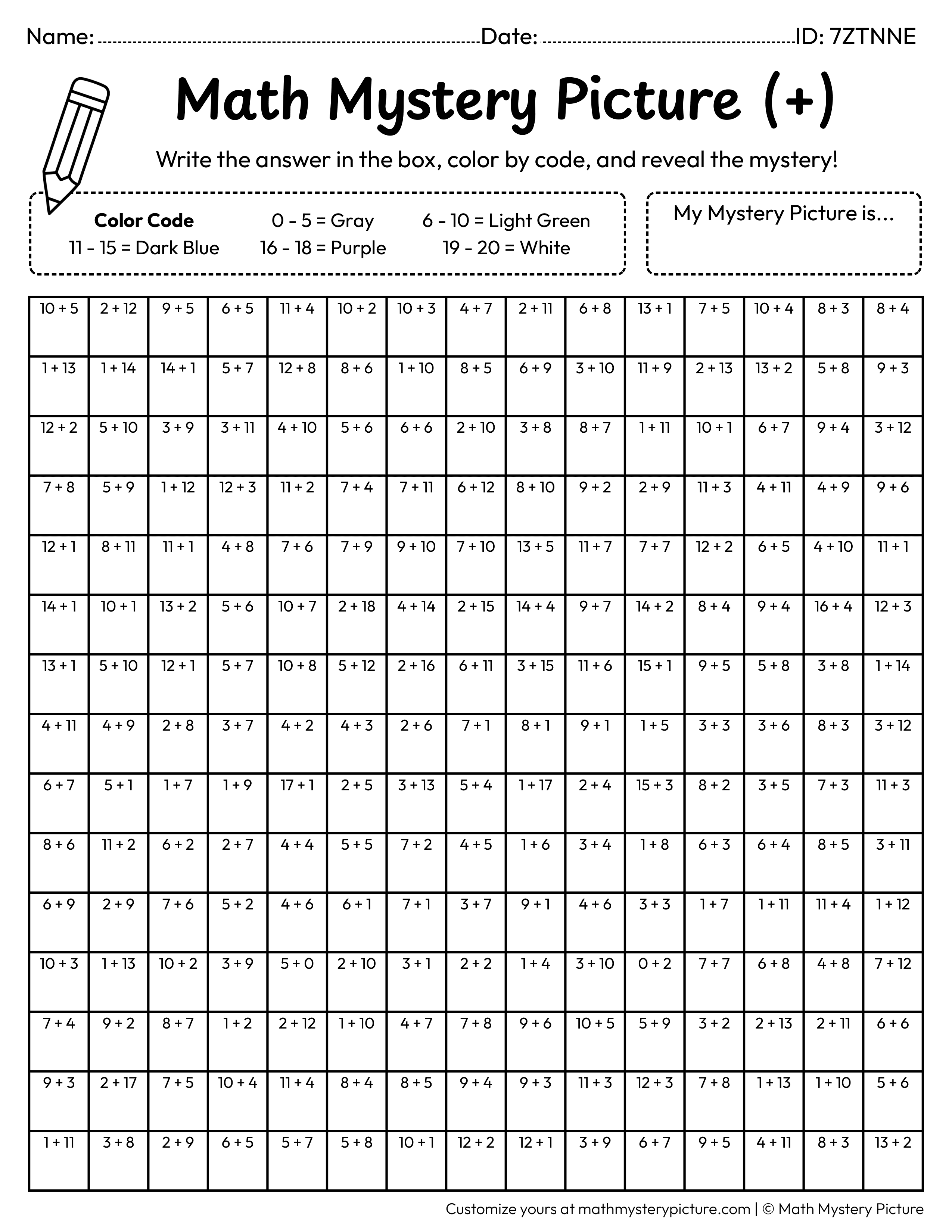 UFO Addition Within 20 Math Mystery Picture Coloring Worksheet