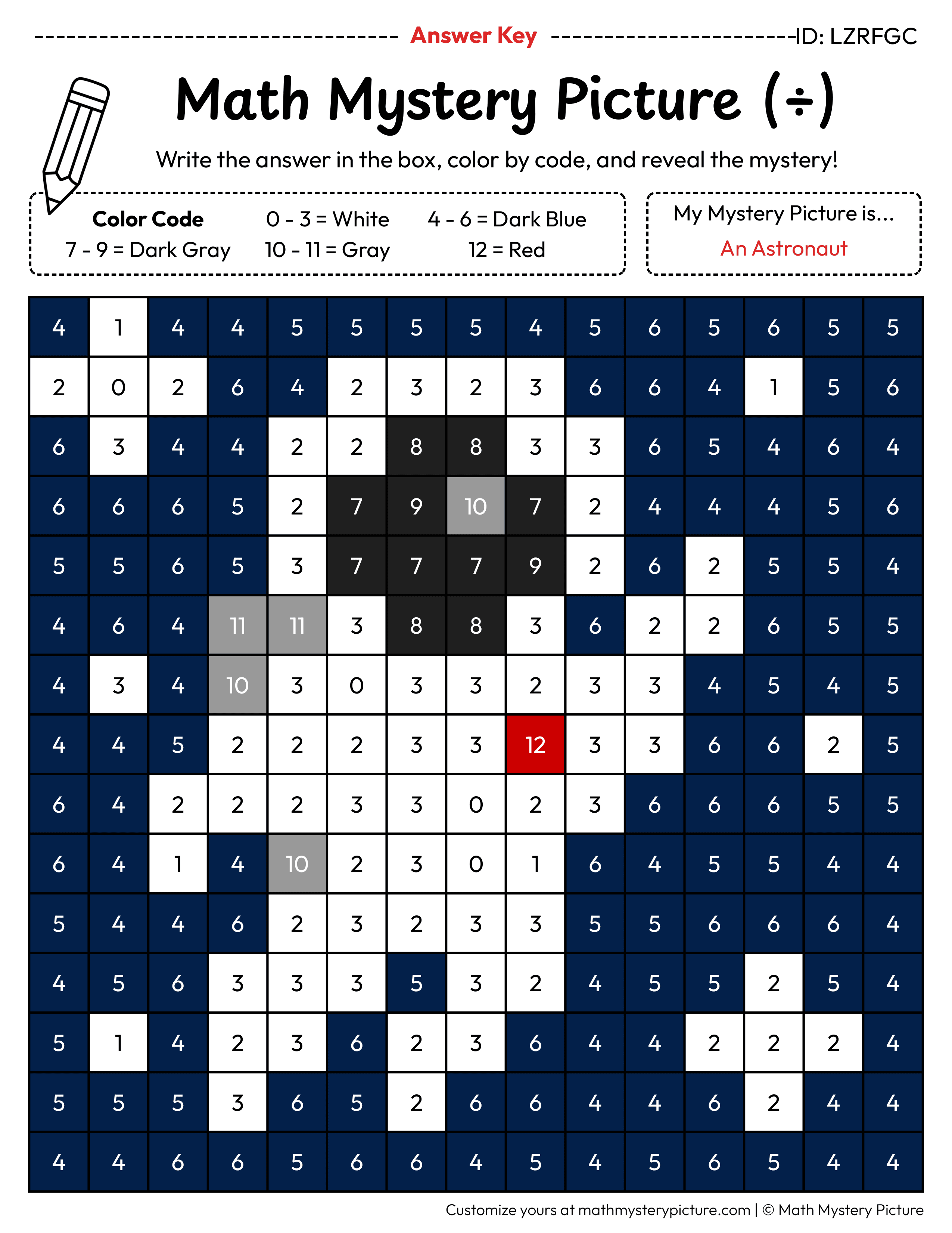 Astronaut Division Facts Math Mystery Picture Color by Number Answer Key