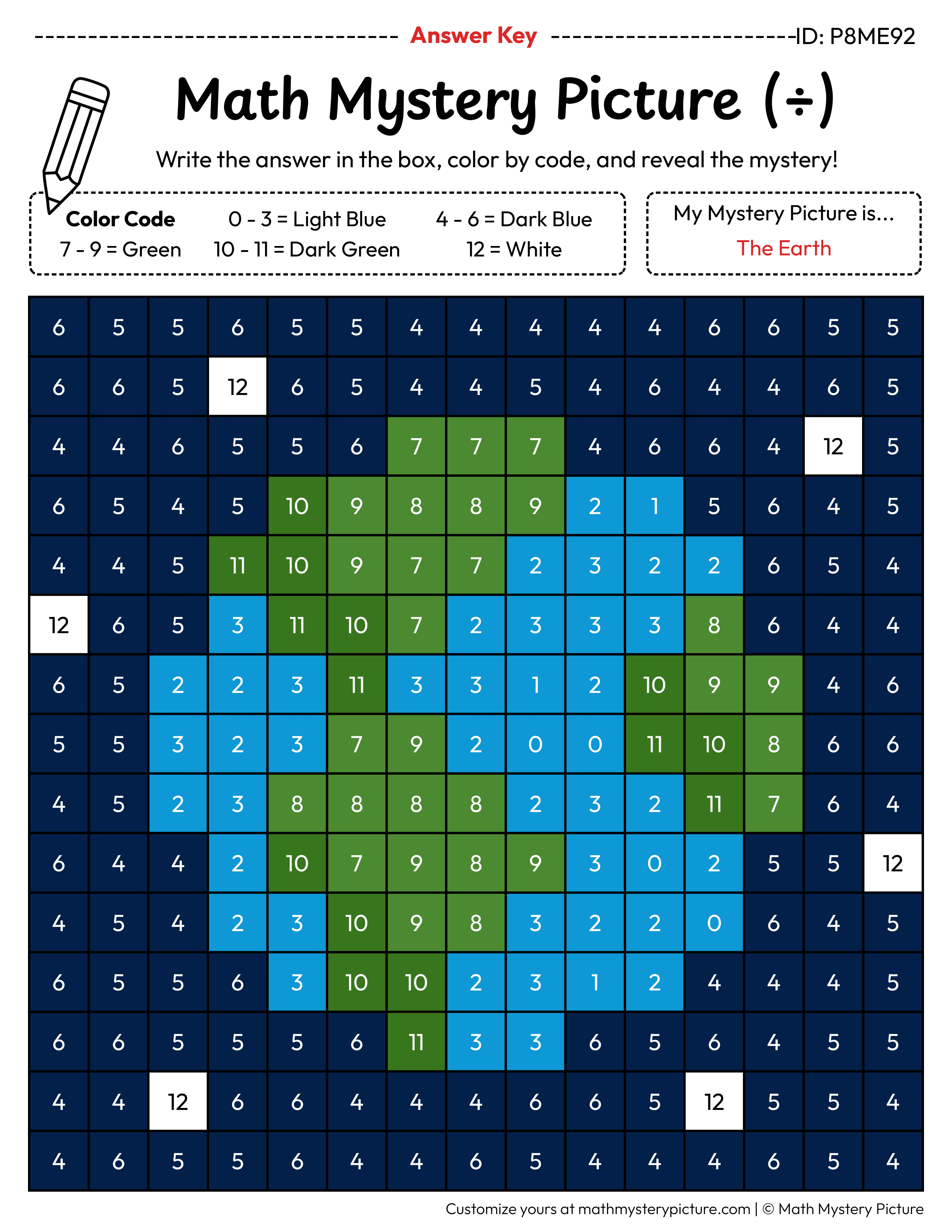 Earth Division Facts Math Mystery Picture Color by Number Answer Key
