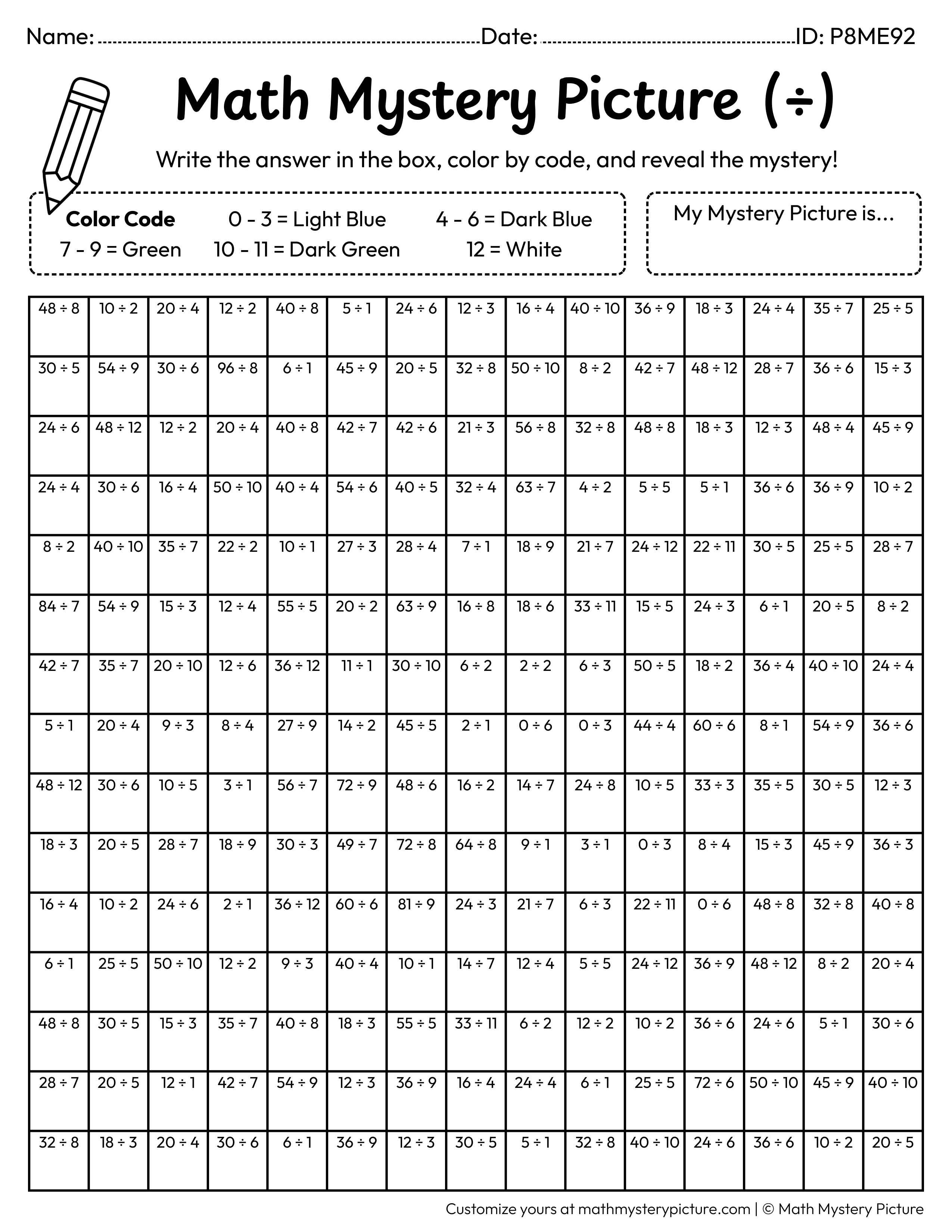 Earth Division Facts Math Mystery Picture Coloring Worksheet