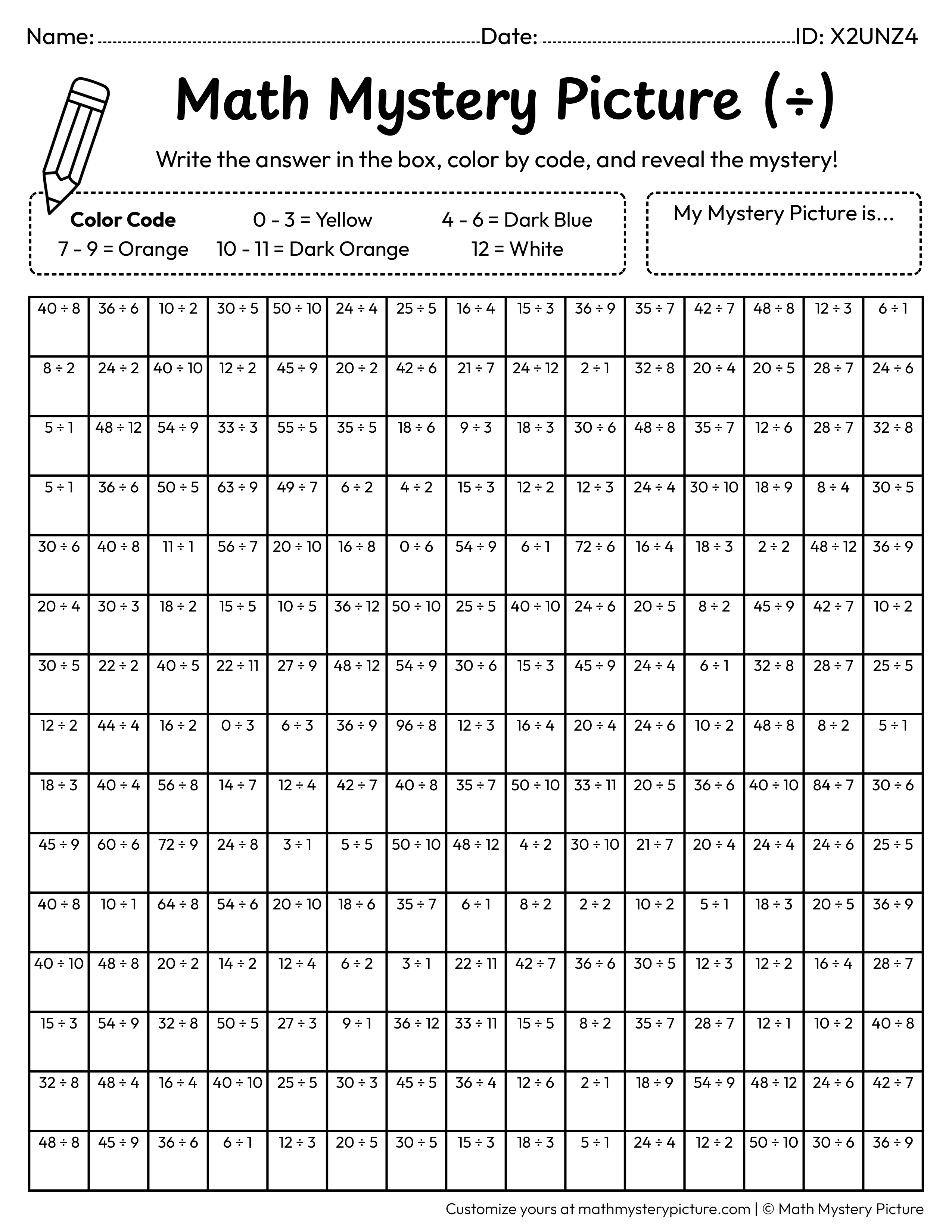 Moon and Stars Division Facts Math Mystery Picture Coloring Worksheet
